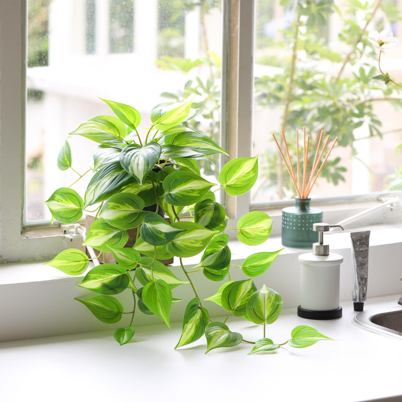 Artificial Devil's Ivy Golden Pothos Fake Hanging Plant - 26 Inch Lifelike Silk Potted Vine for Wall Decor, Home, Office, Patio - Indoor & Outdoor Use (Perfect for Living Room, Bedroom, Balcony Decor)