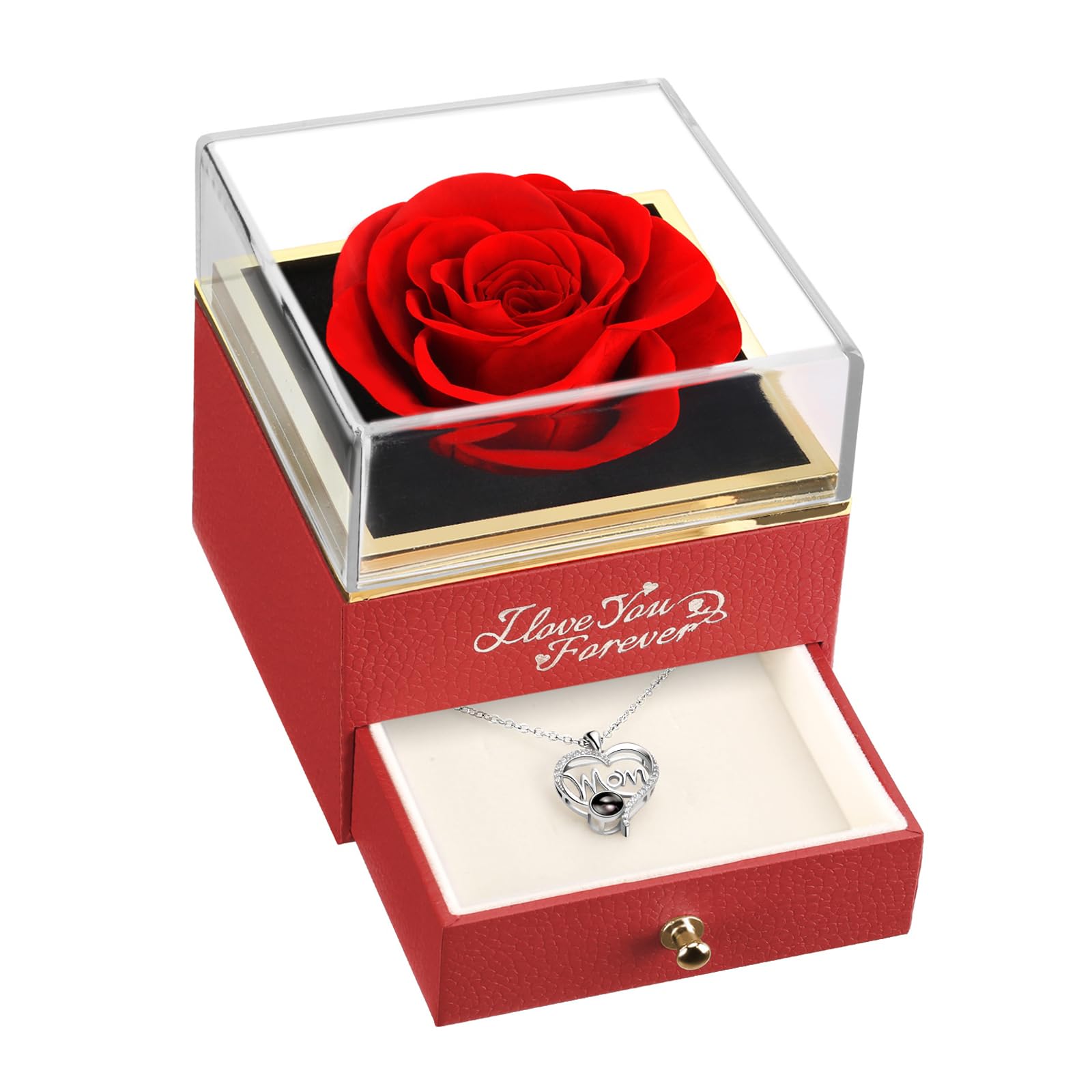 WILDLOVE Preserved Real Red Rose with Mom Necklace - Eternal Flower Gift for Mother's Day, Christmas & Birthday - Long Lasting Keepsake Jewelry for Women - Perfect for Home Decor, Anniversary Surprise & Special Occasion Gifts