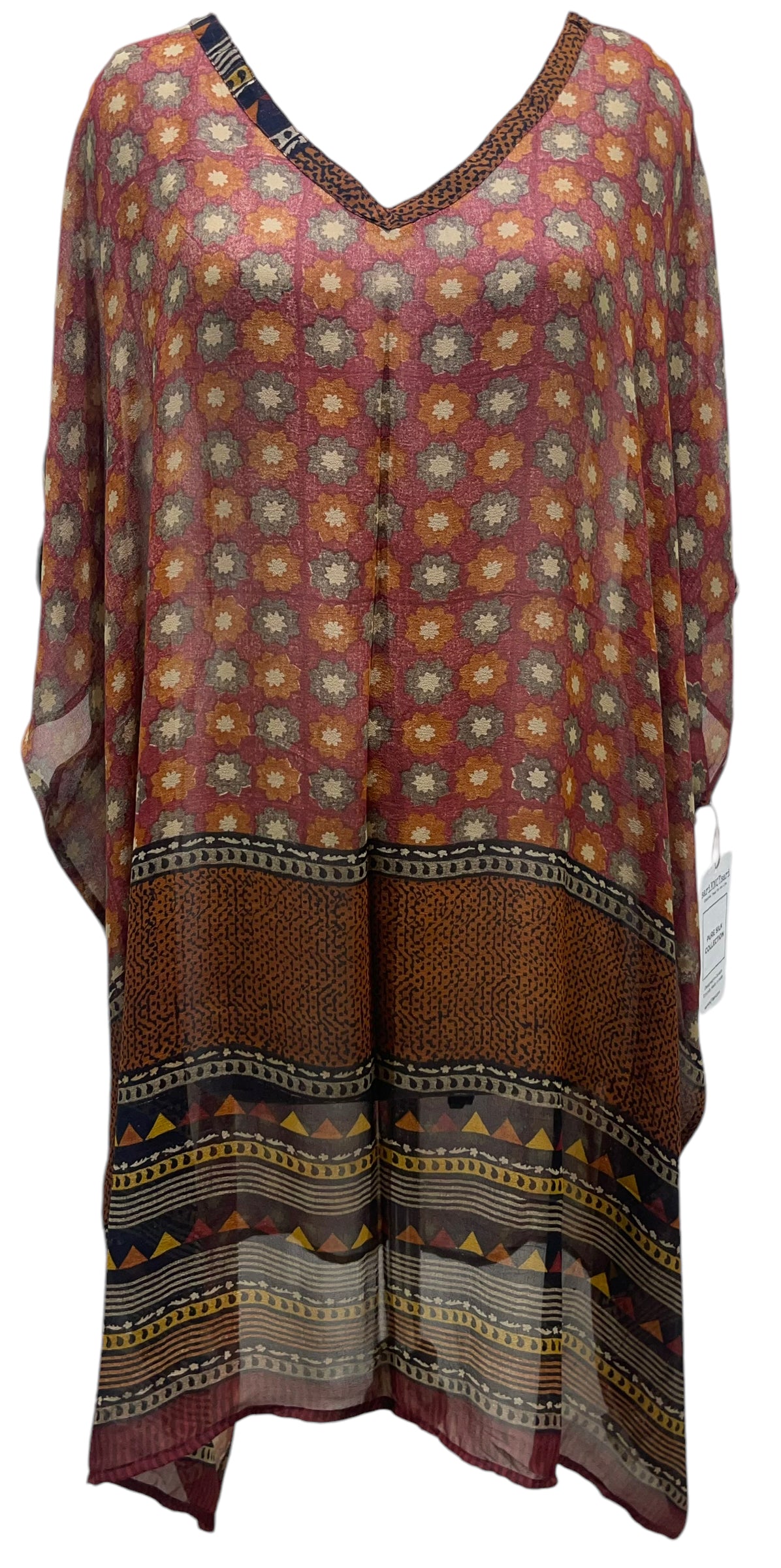 PRG5397 Sheer Avatar Pure Silk Midi Length Kaftan Dress for Women - Elegant Beach Cover Up, Boho Chic Loungewear & Summer Evening Wear