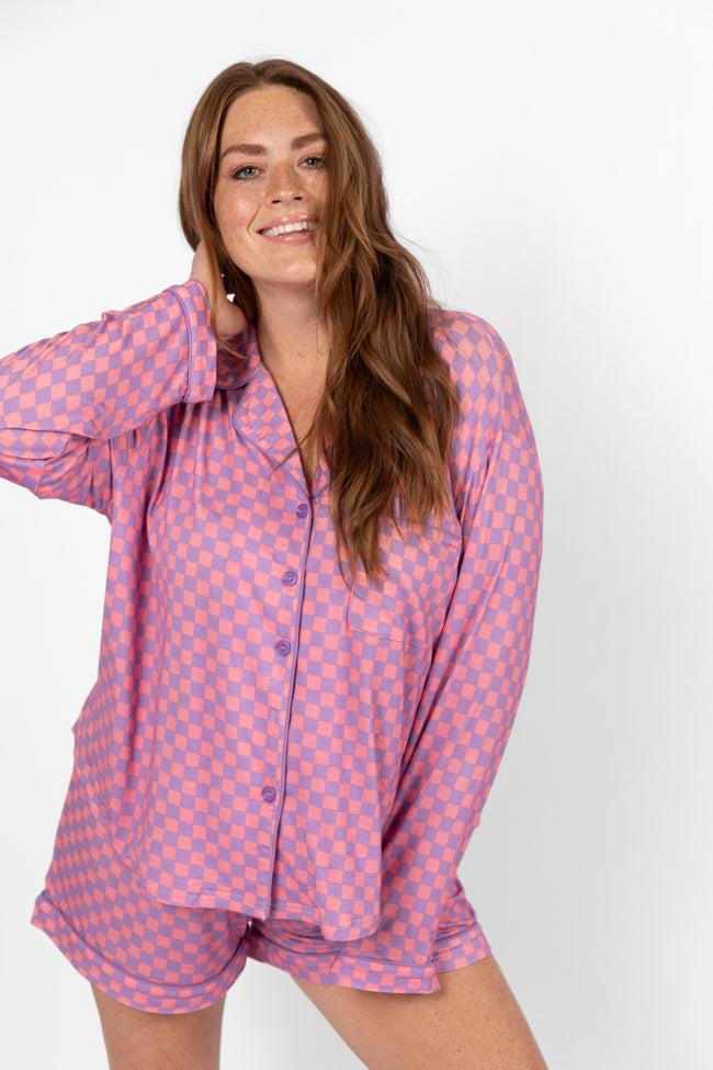 Light Pink and Lilac Checkered Long Sleeve Pajama Top for Women - Soft & Comfortable Sleepwear - Perfect for Cozy Nights, Loungewear, and Relaxing at Home