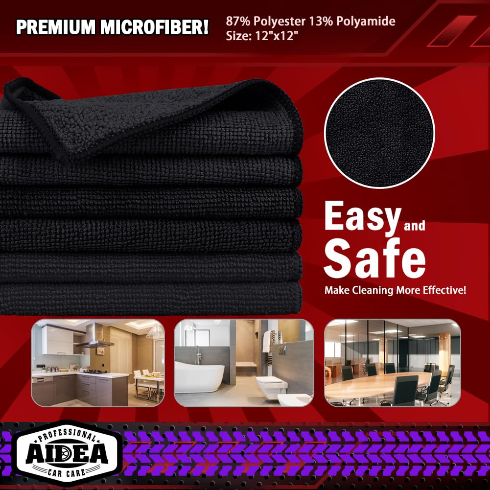 Premium AIDEA Microfiber Cleaning Cloths 20-Pack Black - Super Absorbent Lint-Free Car Towels for Detailing, Dusting, Polishing - Ideal for Cars, SUVs, Kitchen, Windows, Workshops (12x12 Inches) - Perfect for Auto Care, Home Cleaning & Glass Shining