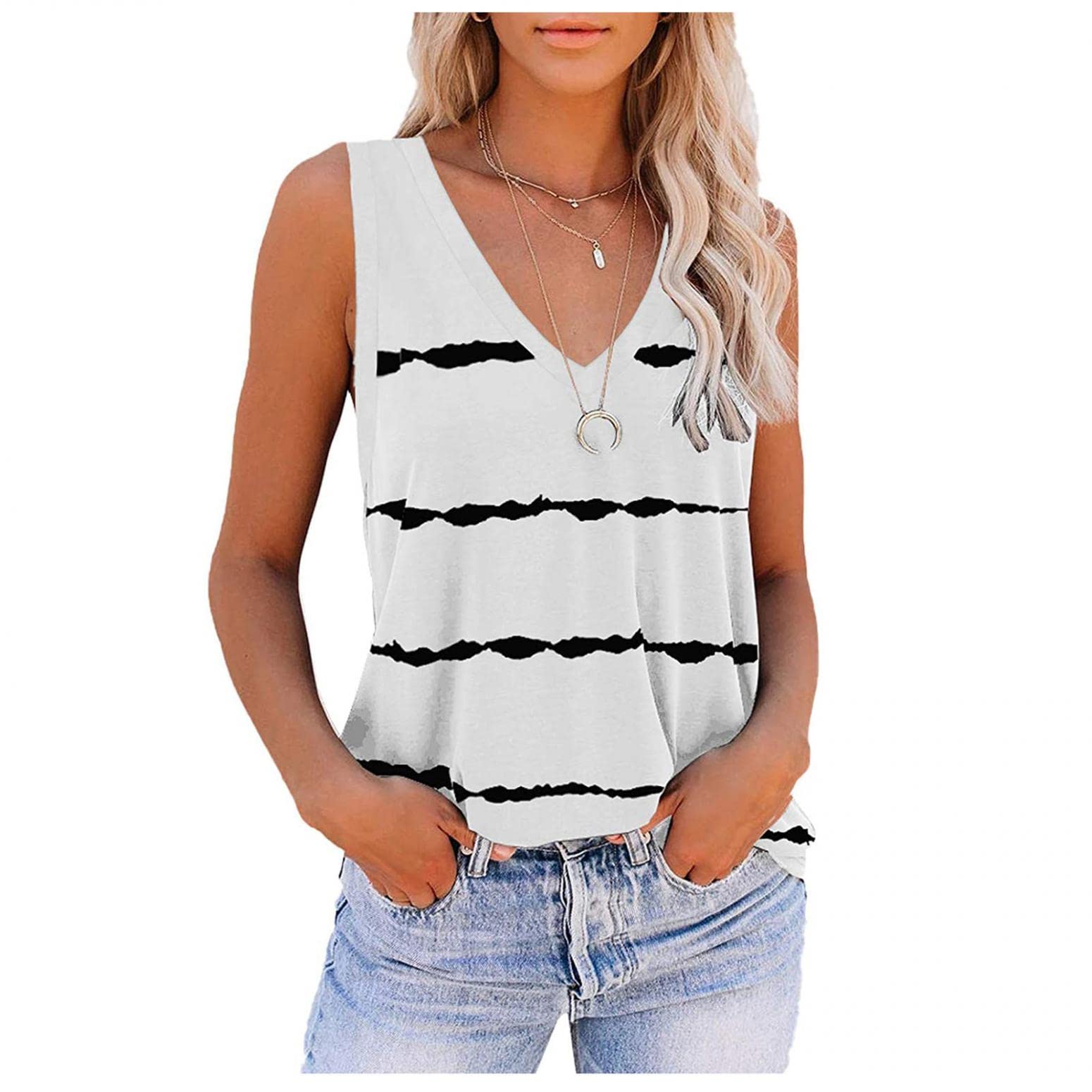 FABIURT Women's V-Neck Sleeveless Striped Tank Tops - Casual Loose Fit Summer Tee Shirts for Women | Trendy Beachwear, Yoga, Gym & Everyday Wear