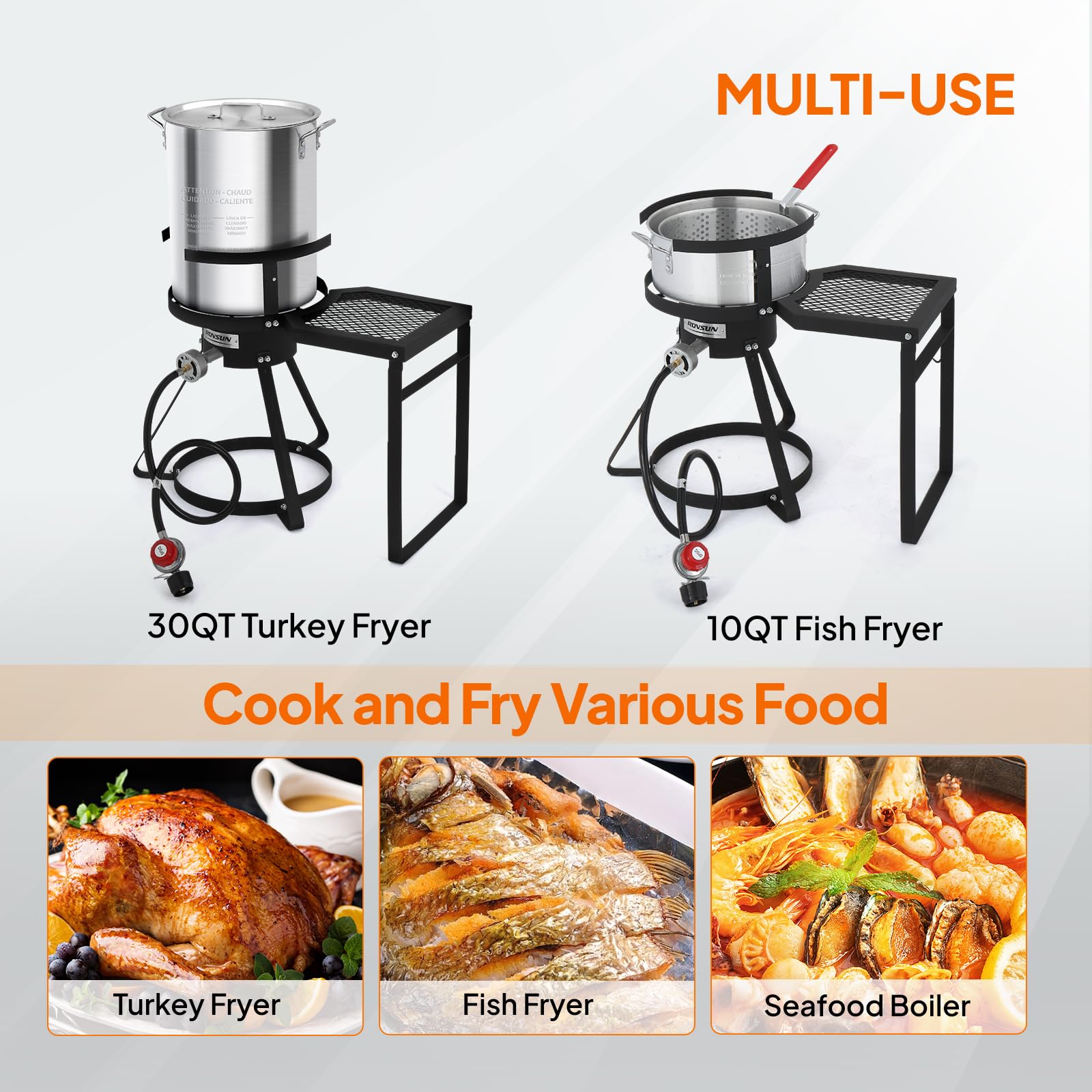 ROVSUN 30QT Turkey Fryer & 10QT Fish Fryer Kit - 55000BTU Propane Outdoor Deep Fryer with Shelf, Aluminum Seafood Boiler Steamer - Includes Baskets, Thermometer, Marinade Injector, Turkey Rack & Lifter - Perfect for Outdoor Cooking, Backyard Parties, and Holiday Turkey Frying