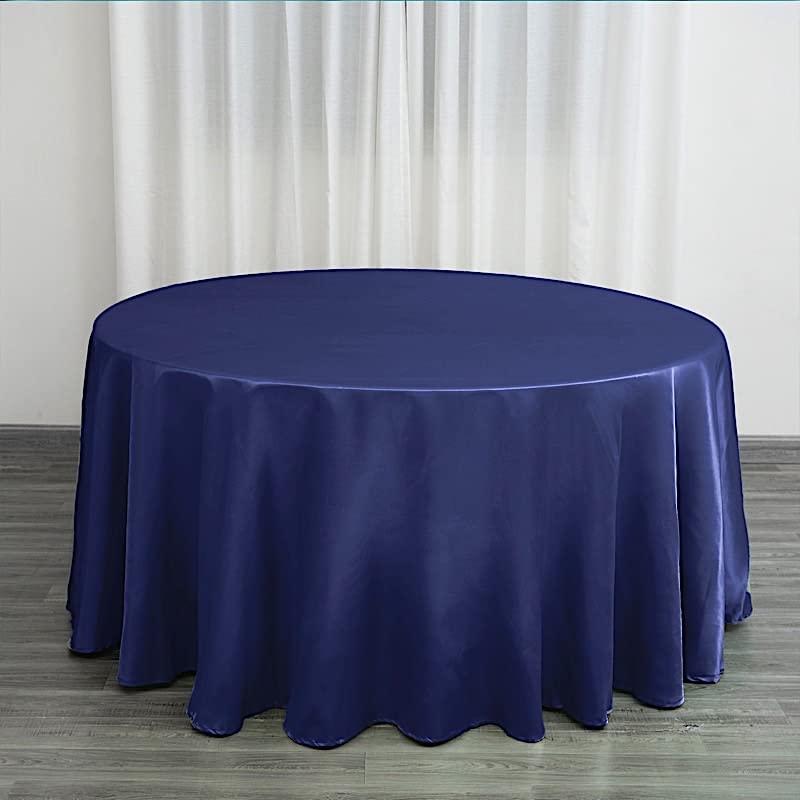 120 Inch Navy Blue Satin Round Tablecloth - Elegant Wedding Reception Table Cover, Party Dining Linens for Kitchen, Banquet & Special Events