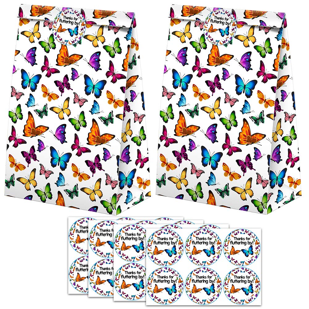 24PCS Butterfly Party Favor Bags with Stickers - Butterfly Themed Goodie Bags for Birthday Parties, Baby Showers & Wedding Favors - Candy Treat Bags for Kids Gift Giving