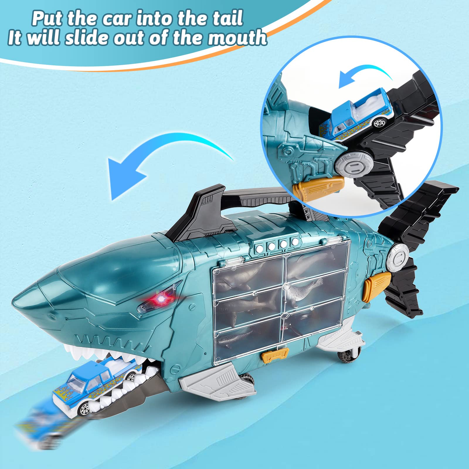 deAO Shark Truck Toy Set with 8 Animal Toys - Light & Sound Effects, Interactive Play Vehicle for Toddlers & Kids - Perfect Birthday Gift for Boys & Girls (Great for Pretend Play, Role-Playing & Learning Fun)