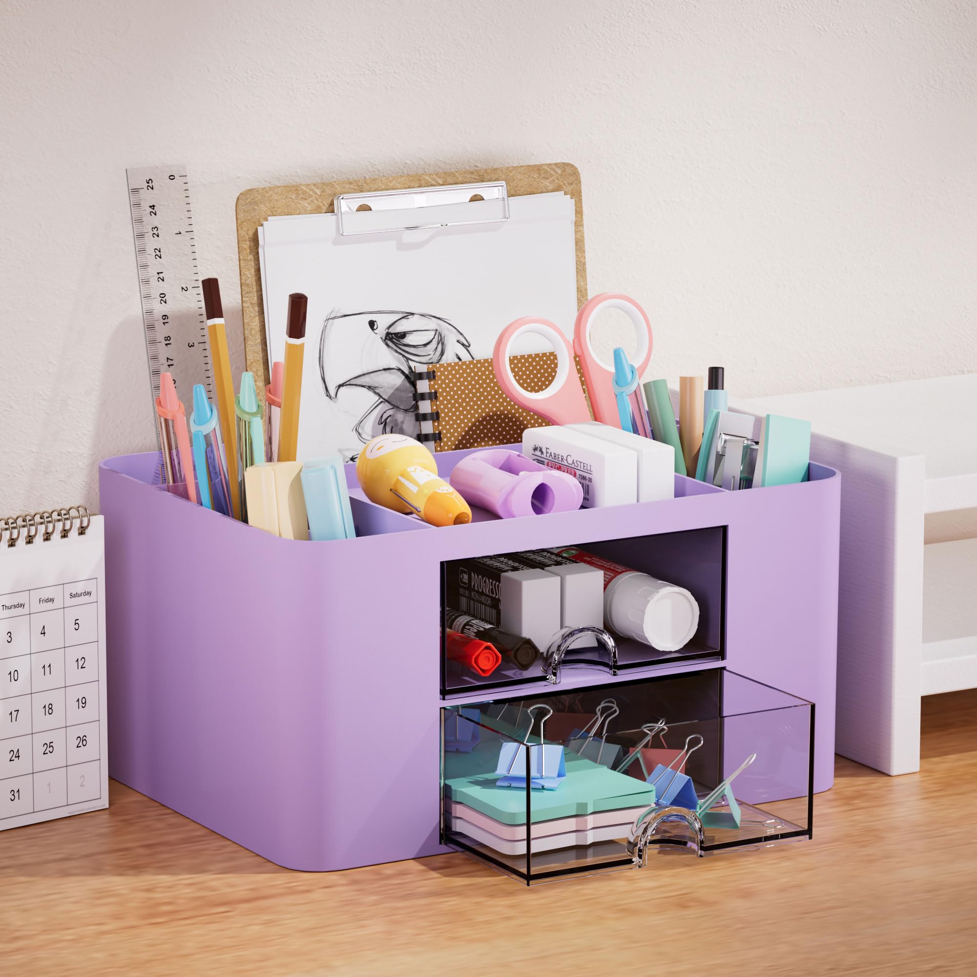 Marbrasse 2-Drawer Pen Organizer - Multi-Functional Desk Pencil Holder with 5 Compartments for Office & Art Supplies (Purple) | Perfect for Home Office, School & Craft Room Organization