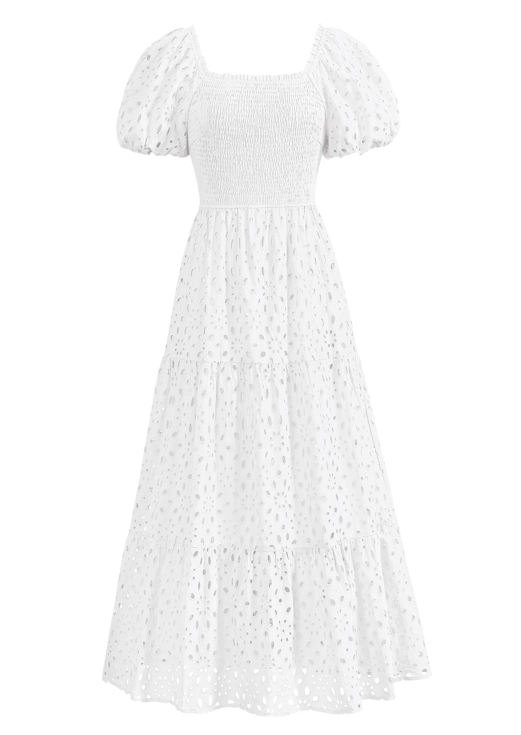 PRETTYGARDEN Women's Summer Maxi Dress 2025 - Floral Eyelet Square Neck Puff Sleeve Smocked Wedding Guest Dress with Pockets | Beach Vacation, Garden Party, Bridal Shower Outfit