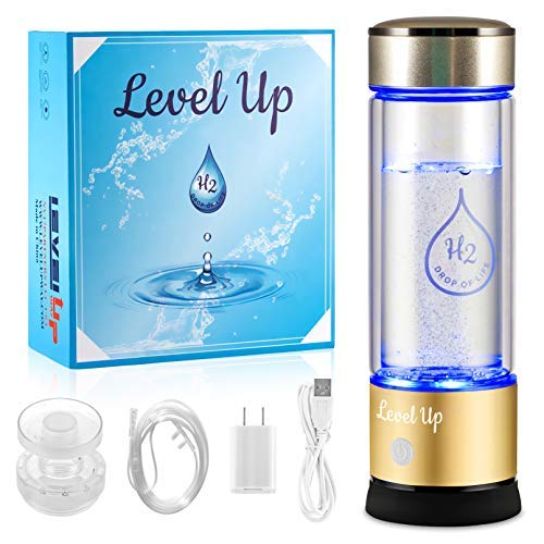 LevelUpWay 2025 Hydrogen Water Bottle Generator - SPE PEM Ionic Membrane Technology - 13oz High Borosilicate Glass Bottle (Gold) - Premium Alkaline Hydrogen Water Maker for Home, Office, Gym & Travel Hydration