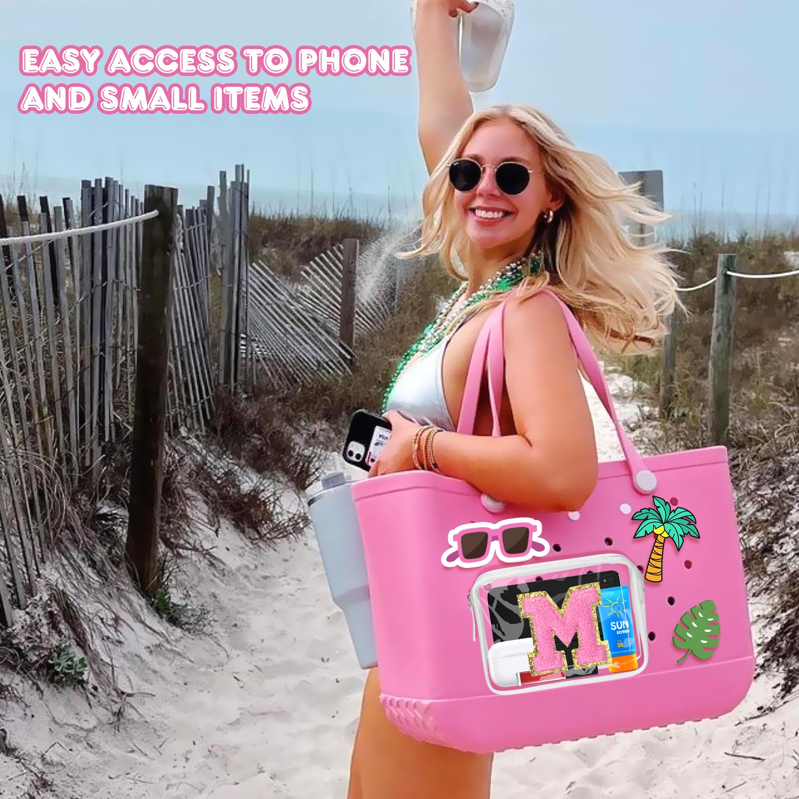 AIERSA Clear Phone Holder with Letter Charms - Bogg Bag Accessories Organizer for Simply Southern & All Beach Tote Bags - Perfect for Travel, Shopping, and Beach Outings