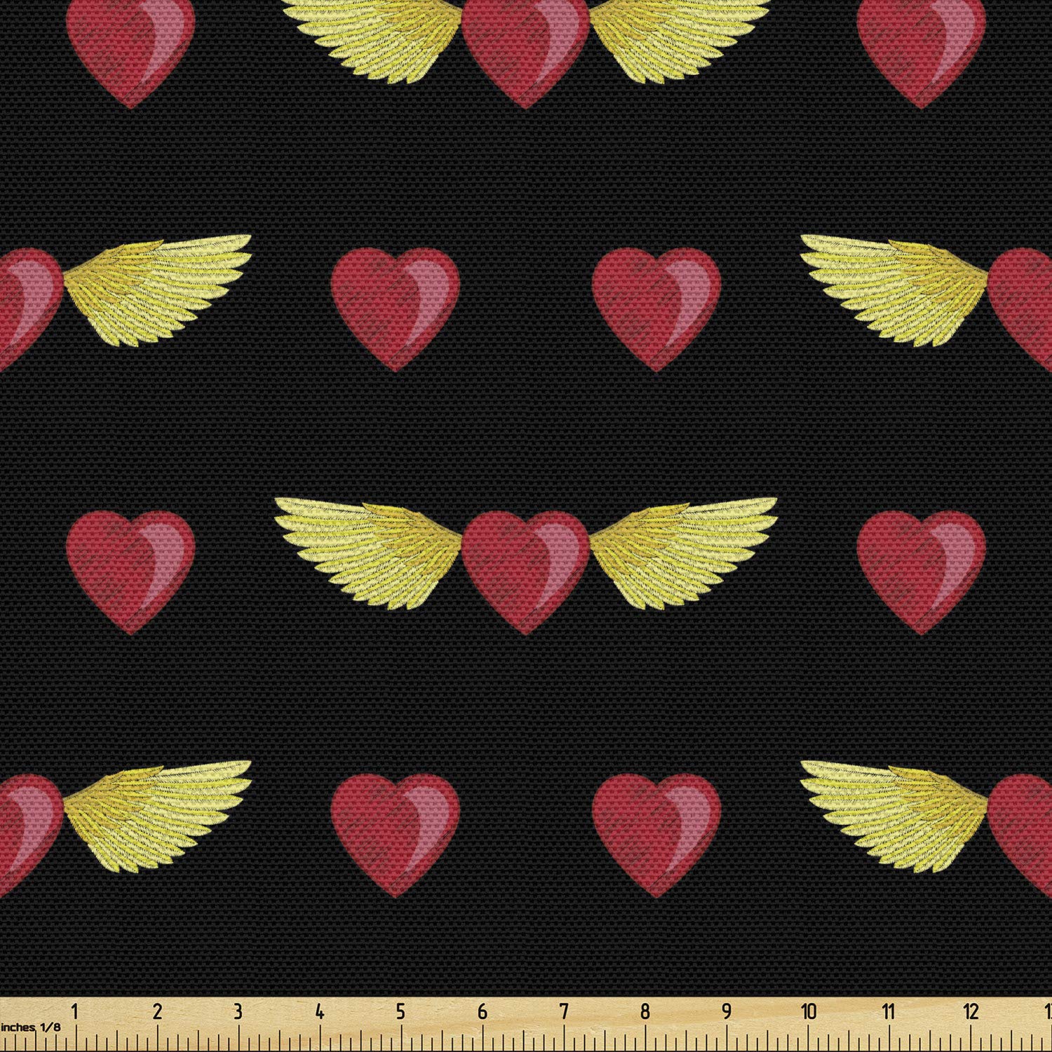 Ambesonne Angel Wings Fabric by The Yard - Romantic Hearts & Flying Couple Design for Upholstery, Curtains, Pillows | 10 Yards Yellow Ruby Black Fabric for Home Decor, Wedding Decorations & DIY Crafts