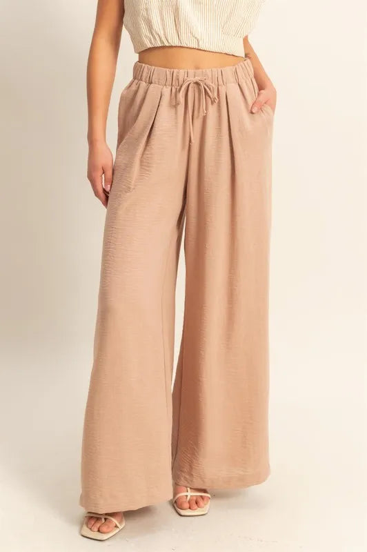 Beige Elastic Waist Wide Leg Pants for Women - Comfortable Stretchy High Waist Palazzo Trousers for Office, Travel & Casual Wear