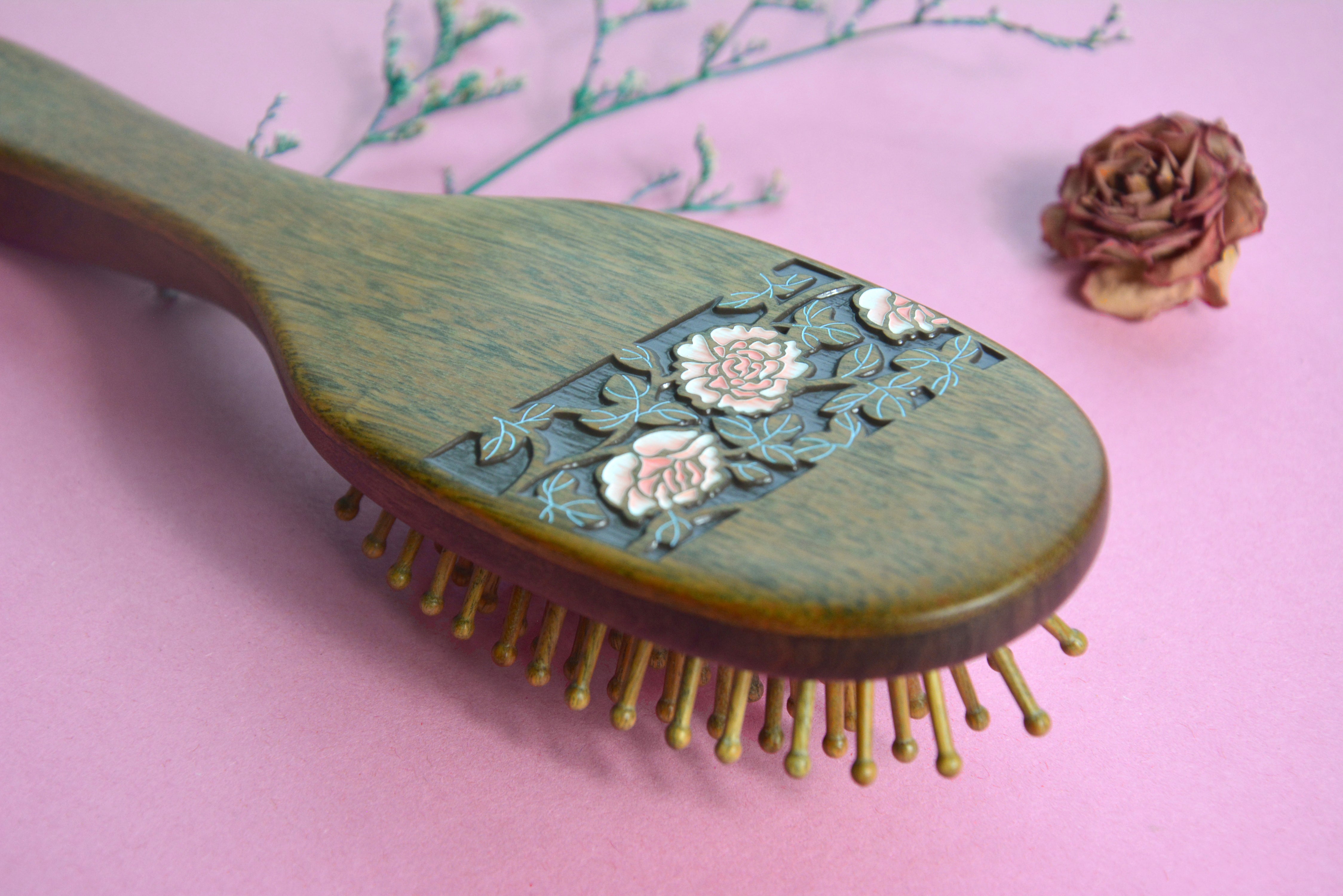 3D Rose Flower Wooden Hair Brush - Natural Wood Bristle Hairbrush for Detangling & Shine - Perfect for Home, Salon & Travel Use