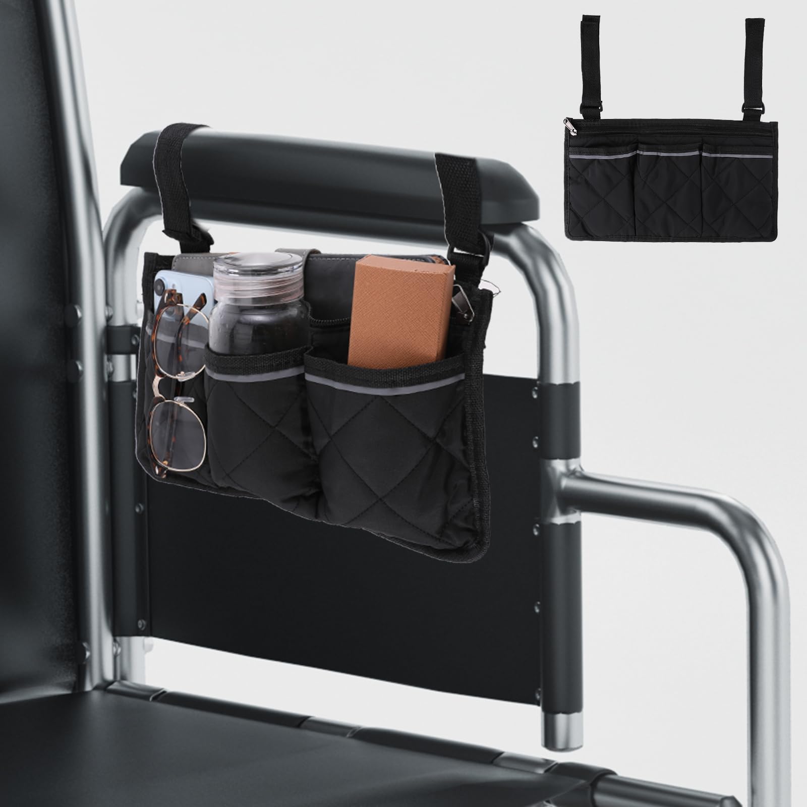 Waterproof Wheelchair Side Bag with Reflective Stripe - Armrest Organizer for Walker & Rollator - Travel & Daily Use