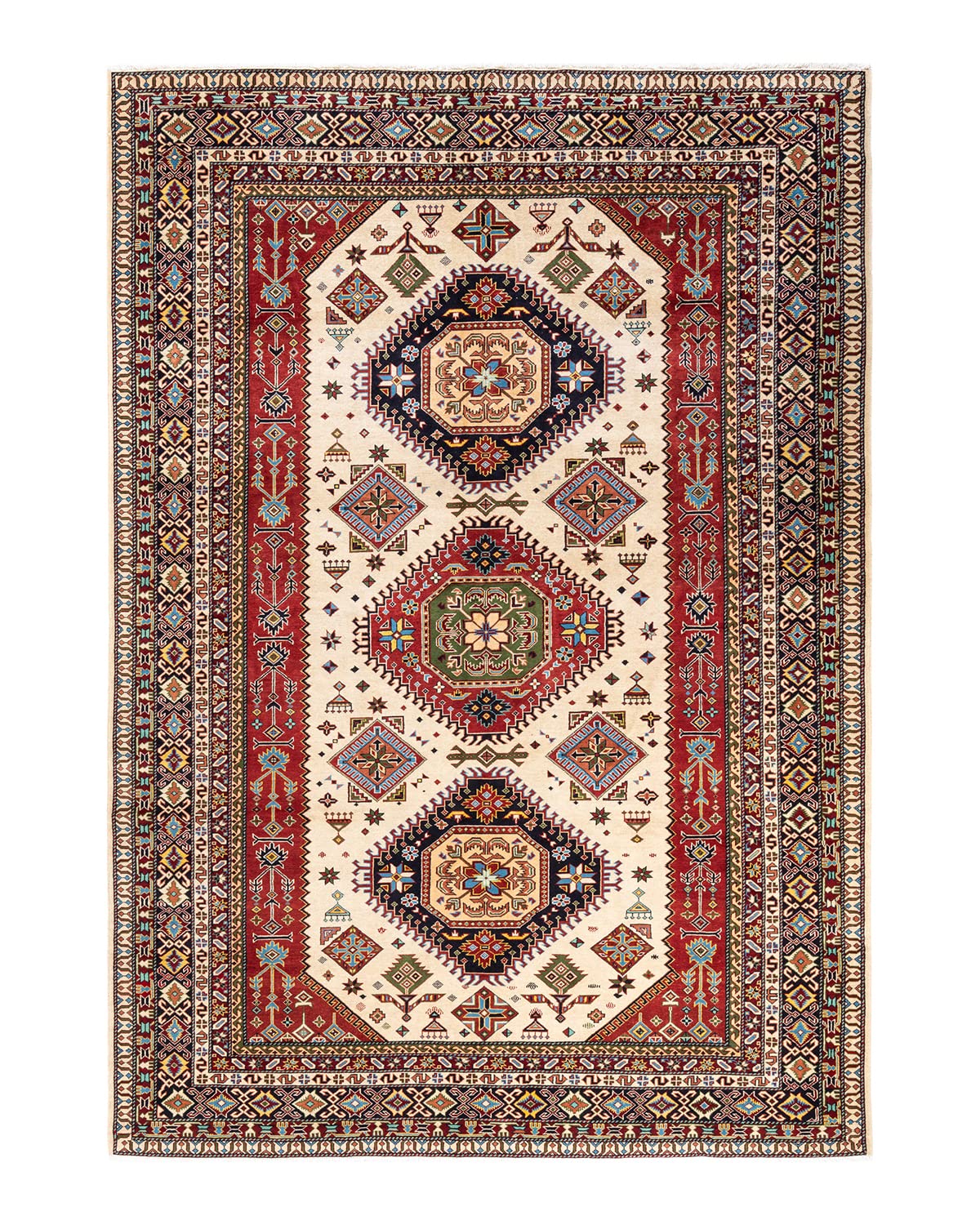Handmade Bohemian Wool Area Rug 8x10 - Unique Hand-Knotted Tribal Ivory Rug for Living Room, Bedroom & Boho Decor
