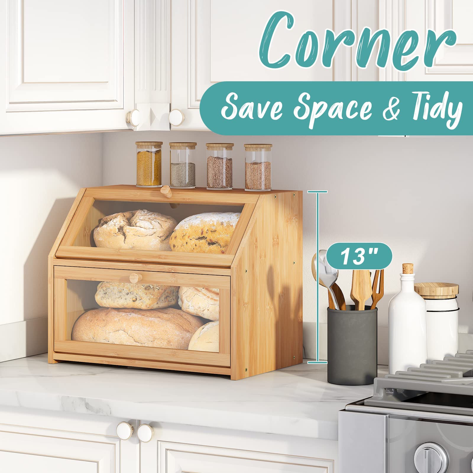 Large Bamboo Bread Box for Kitchen Counter - Spacious Bread Storage Bin with Corner Design | Perfect for Storing Bread, Baked Goods & Pastries on Countertops or Pantry