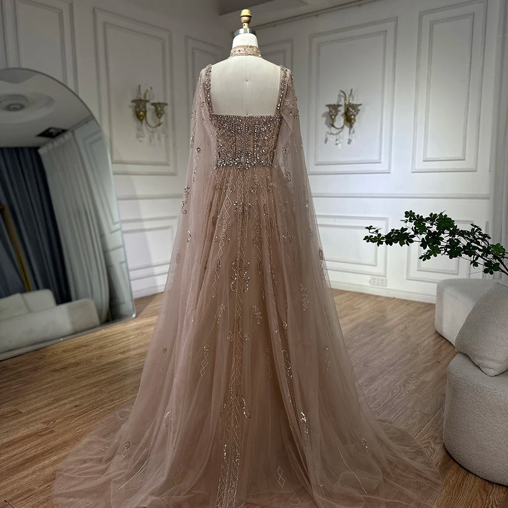 Luxury Dubai Arabic Nude A-Line Cape Sleeve Crystal Beaded Evening Gown for Women - Saudi Formal Dress LA72764 | Wedding, Prom, Gala & Special Occasions