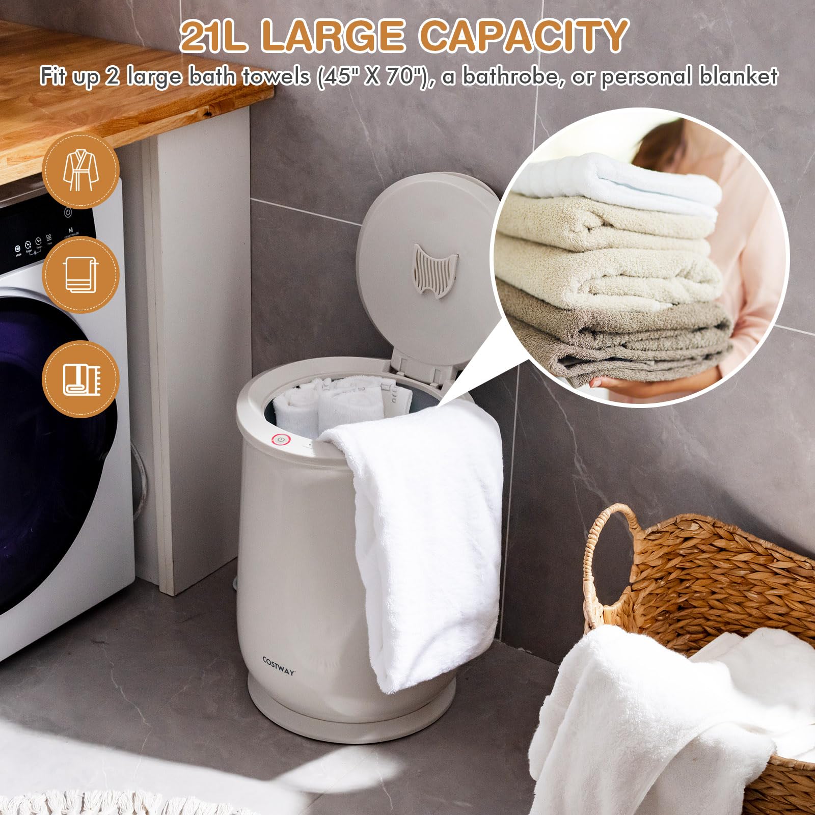 COSTWAY 21L Large Electric Towel Warmer & Blanket Heater with Flip-Top Lid, Child Safety Lock & Auto Shut Off - Perfect for Bathrobes (45”x70”), Spa, Bathroom & Home Use - Ideal Gift for Family & Friends