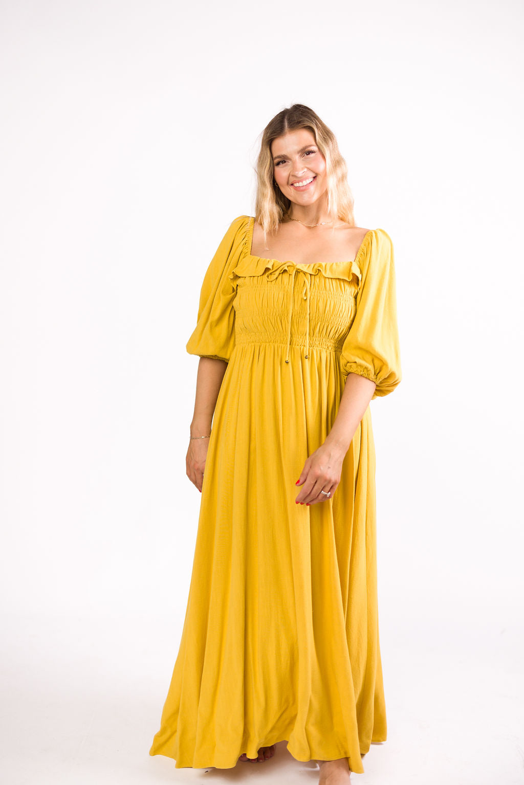Devon Smocked Maternity Maxi Dress in Mustard Yellow - Bump Friendly Flowy Summer Dress for Pregnancy, Beach & Special Occasions
