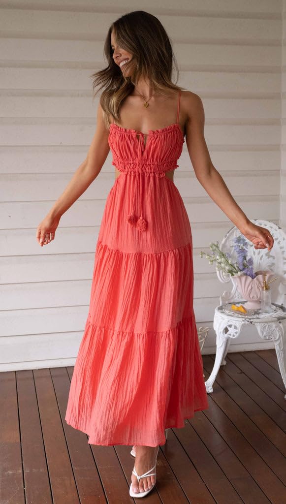 Axupico Women's Summer Maxi Dress - Solid Color Sleeveless Tie-Up Backless Flowy Dress for Wedding Guest, Beach Party & Date Night