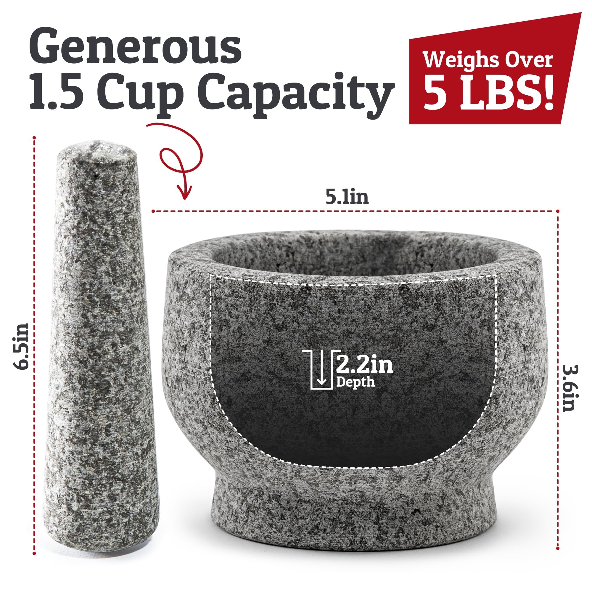 PriorityChef Granite Mortar and Pestle Set - Heavy Duty Natural Stone Spice & Herb Grinder for Guacamole, Pesto, and Seasonings - 1.5 Cup Unpolished Grey Kitchen Tool for Fresh Cooking at Home