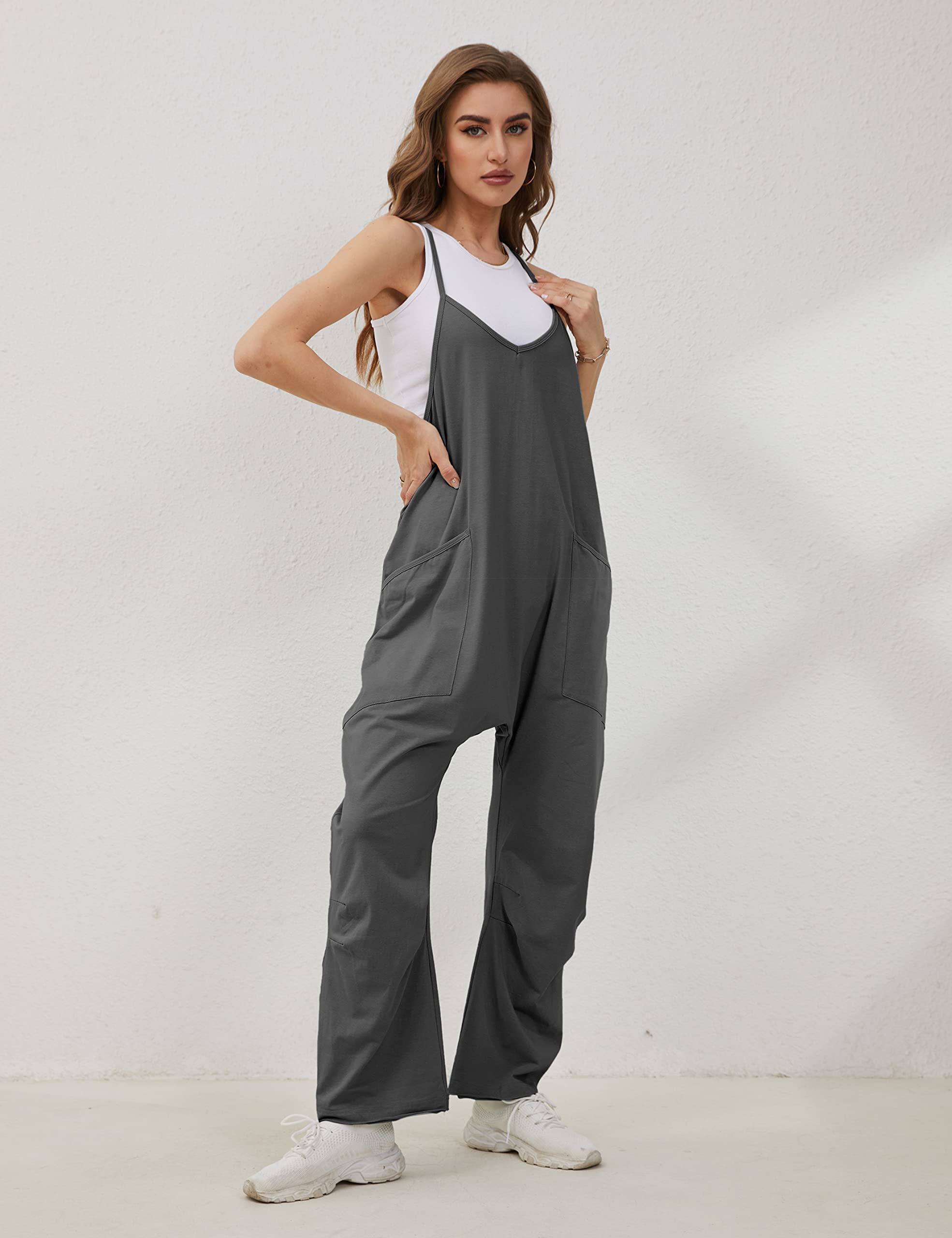 Lentta Women's Casual Jumpsuit - V Neck Sleeveless Romper with Adjustable Straps & Pockets | Stretchy Harem Overalls for Summer Outings, Beach Wear & Casual Fashion
