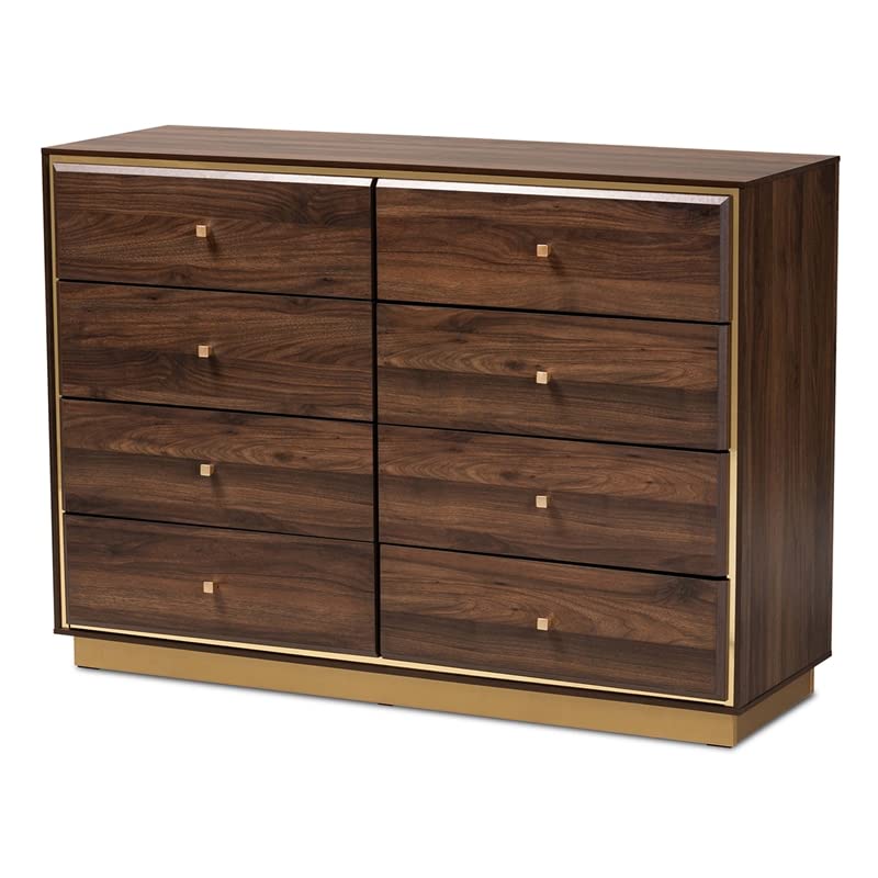 Baxton Studio Cormac 8-Drawer Dresser - Walnut Brown Wood & Gold Metal Frame, Modern Bedroom Storage Furniture for Master Bedroom, Guest Room or Nursery Organization