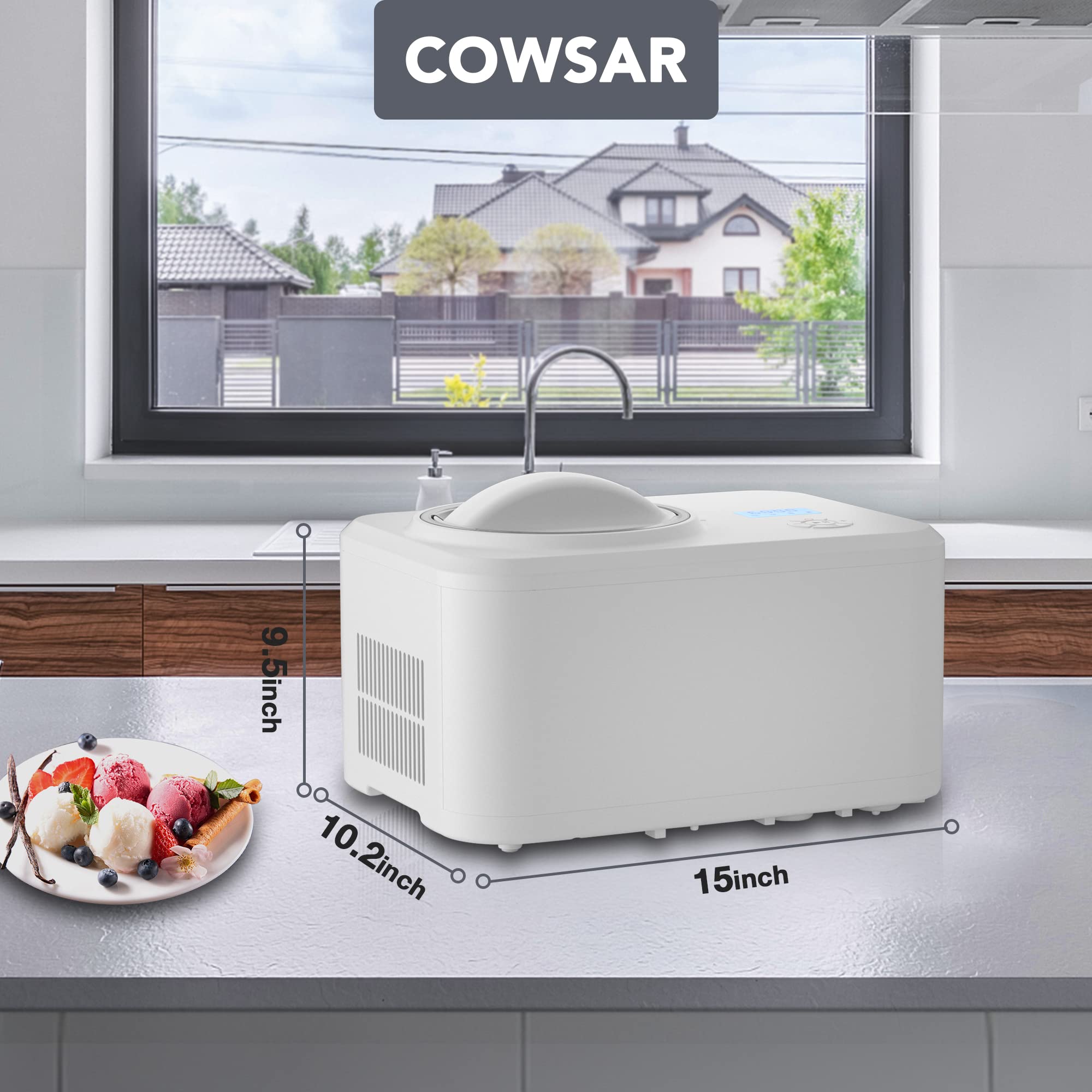 COWSAR 1.6 Quart Automatic Ice Cream Maker with Built-in Compressor - No Pre-Freezing Required, Makes Frozen Yogurt & Sorbet, Keep-Cooling Function, Timer & Easy Clean - Perfect for Home Kitchen, Parties & Dessert Shops