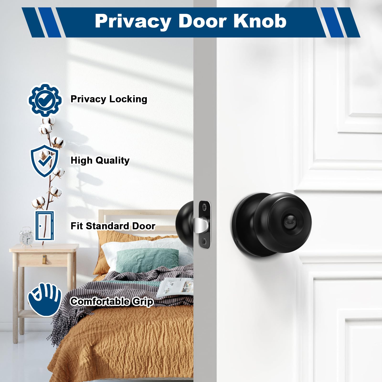 5 Pack Black Privacy Door Knobs - Keyless Interior Door Handles for Bedroom & Bathroom - Easy Install for Left/Right Doors