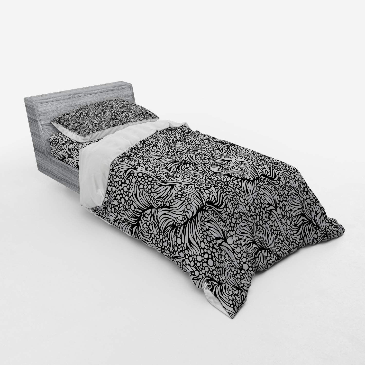 Ambesonne Black and White 3-Piece Bedding Set - Abstract Ocean Waves & Bubbles Duvet Cover with Sham & Fitted Sheet, Twin XL Size | Water Themed Bedroom Decor for Coastal & Modern Home Styling