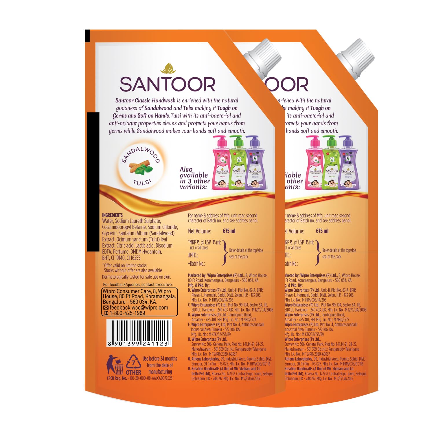 Santoor Classic Gentle Hand Wash with Sandalwood & Tulsi - 750ml Natural Soap for Dry Skin | Moisturizing & Antibacterial for Home, Kitchen & Bathroom Use