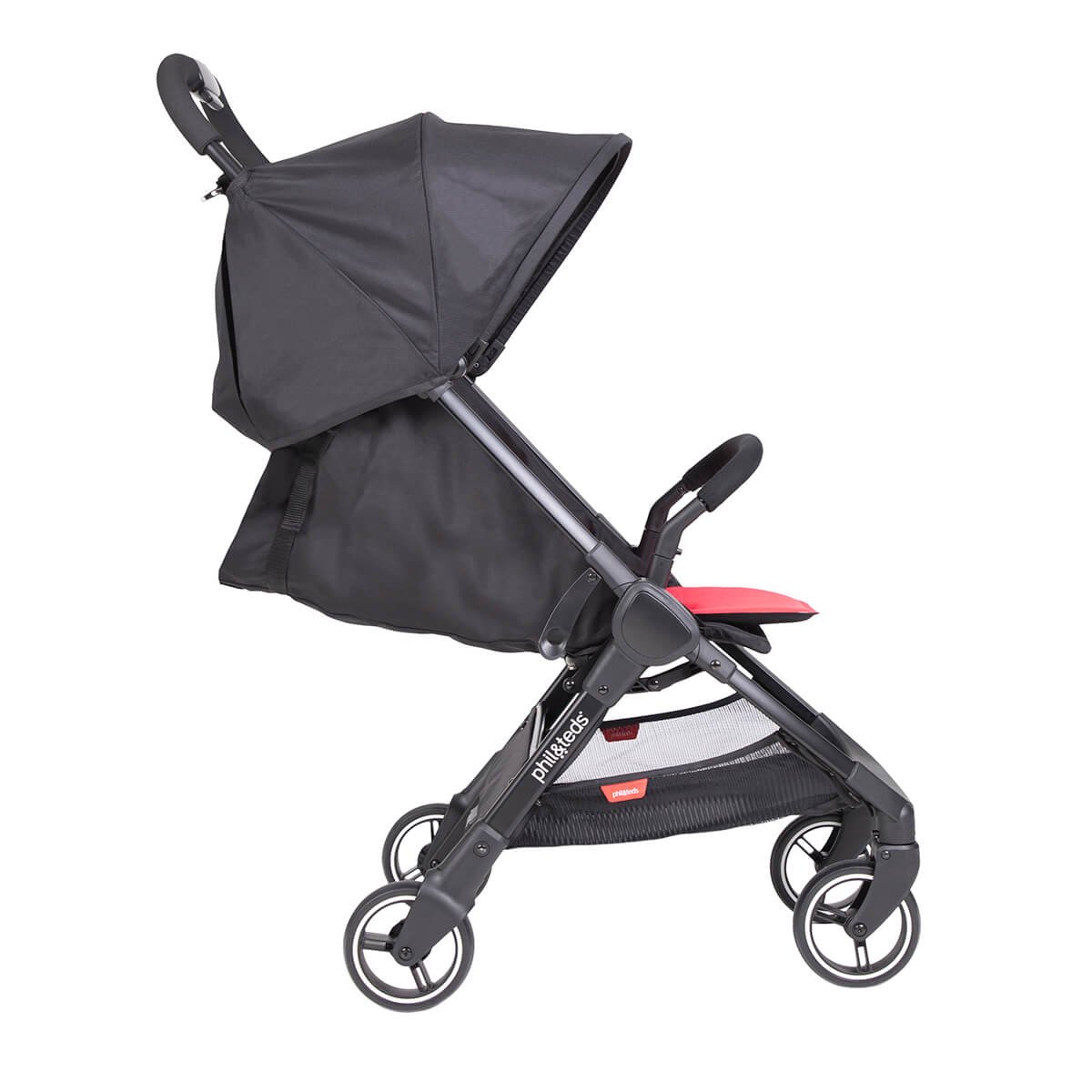 Phil & Teds Go Umbrella Travel Stroller - Ultra Lightweight (11lbs) Compact Cherry Red Stroller with One-Hand Fold, Removable Bumper Bar & Reversible Seat Liner - Travel System Ready Full Suspension - Perfect for Air Travel, City Walks & Daily Errands
