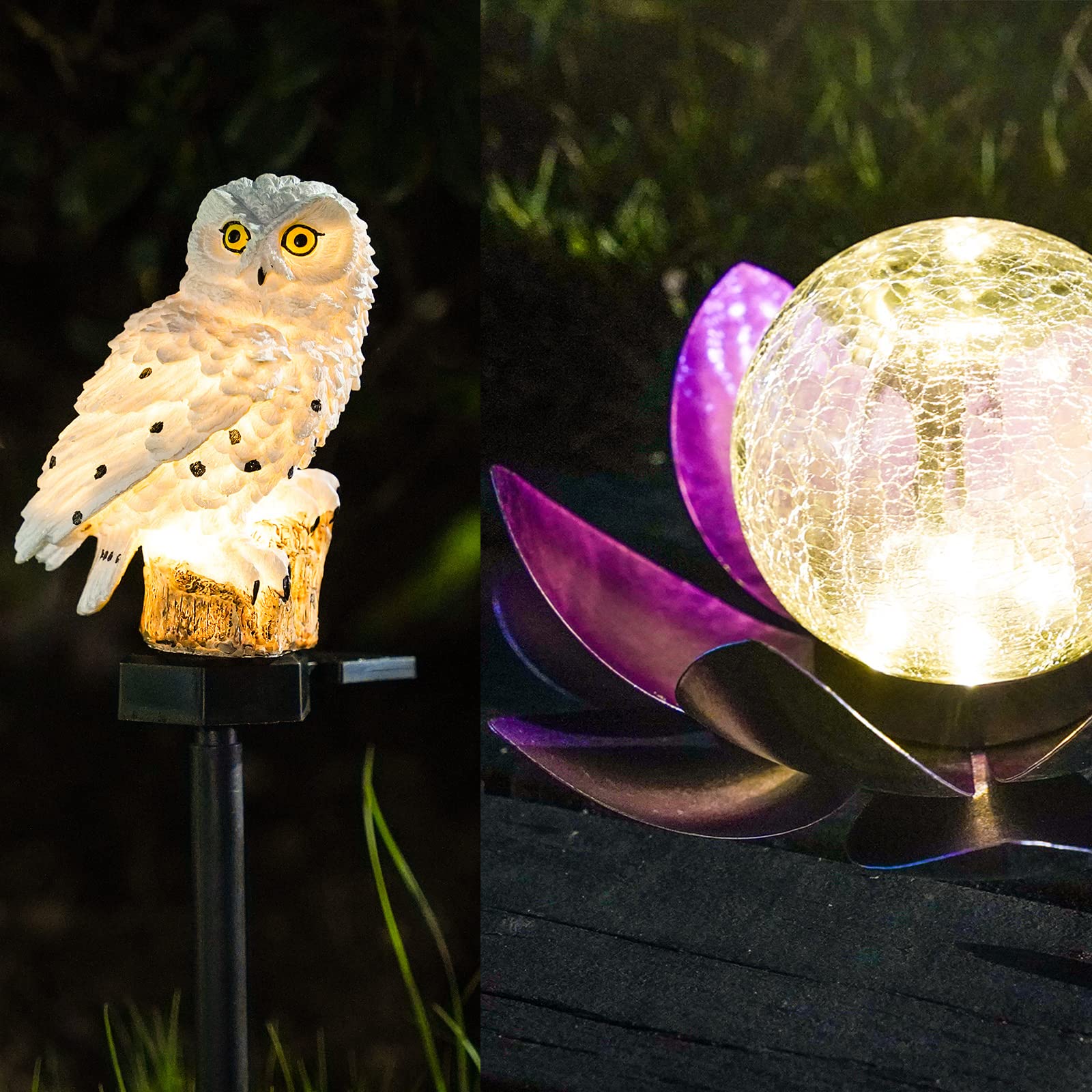 Solar Powered Garden Lights Set - Resin Owl & Lotus LED Outdoor Decor with Stakes for Yard, Pathway, Patio, Lawn Lighting | Weatherproof Solar Lights for Garden Decoration, Landscape, Backyard