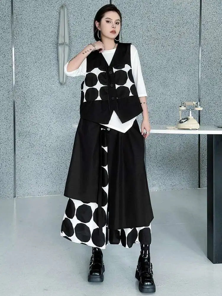 Plus Size Black Polka Dot Vest & Wide Leg Pants 2-Piece Set - Women's Fashion V-Neck Sleeveless Outfit for Spring/Fall 2025 | Office Wear, Casual Chic, Party Outfit