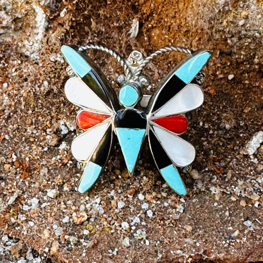 Sterling Silver Zuni Inlay Turquoise Butterfly Ring - Size 7 | Handmade Native American Jewelry for Women | Perfect for Boho Fashion, Gift Giving & Special Occasions