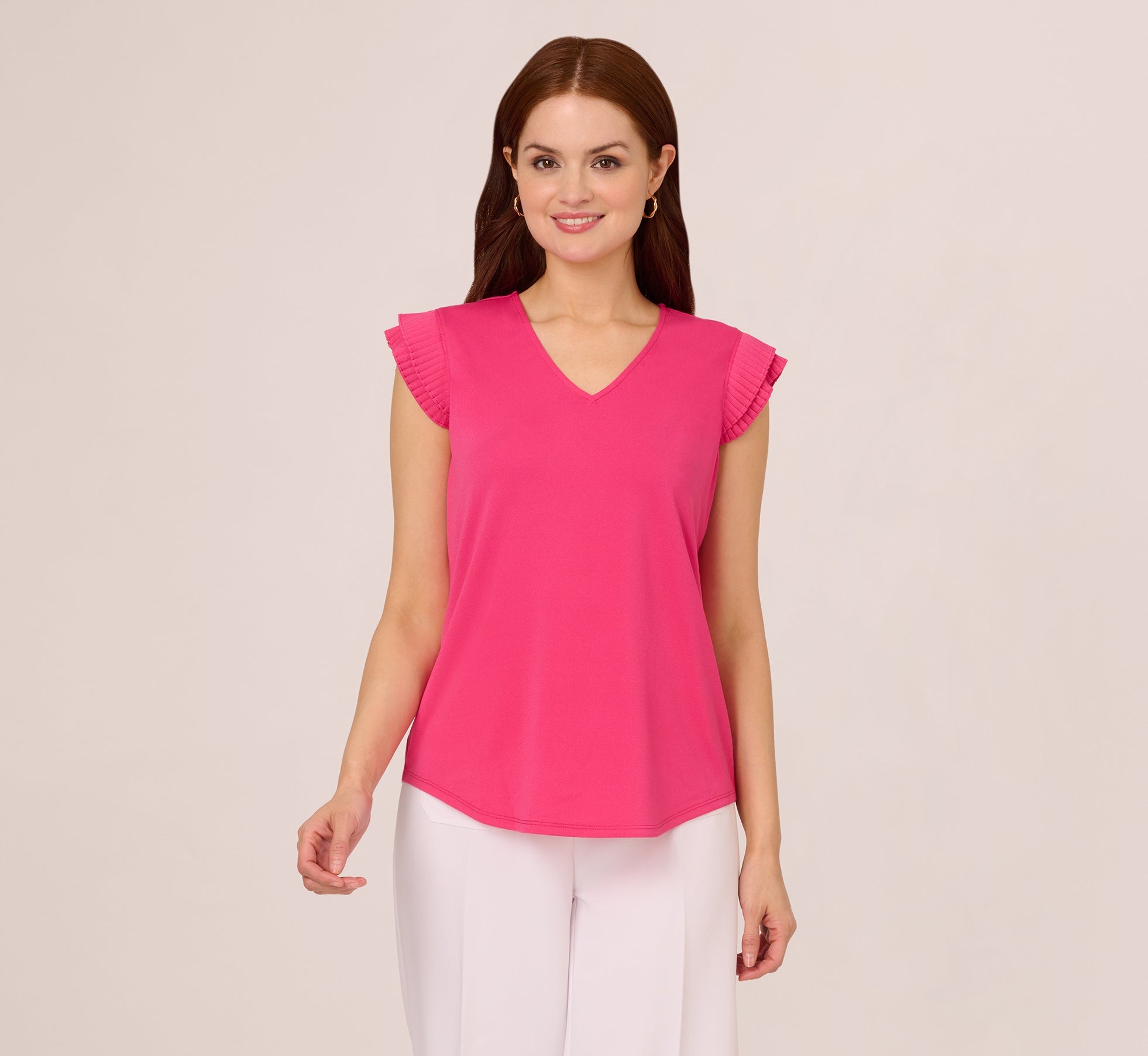 Fuchsia Fedora V-Neck Pleated Flutter Sleeve Blouse - Women's Elegant Casual Tops for Work, Date Night & Summer Outfits
