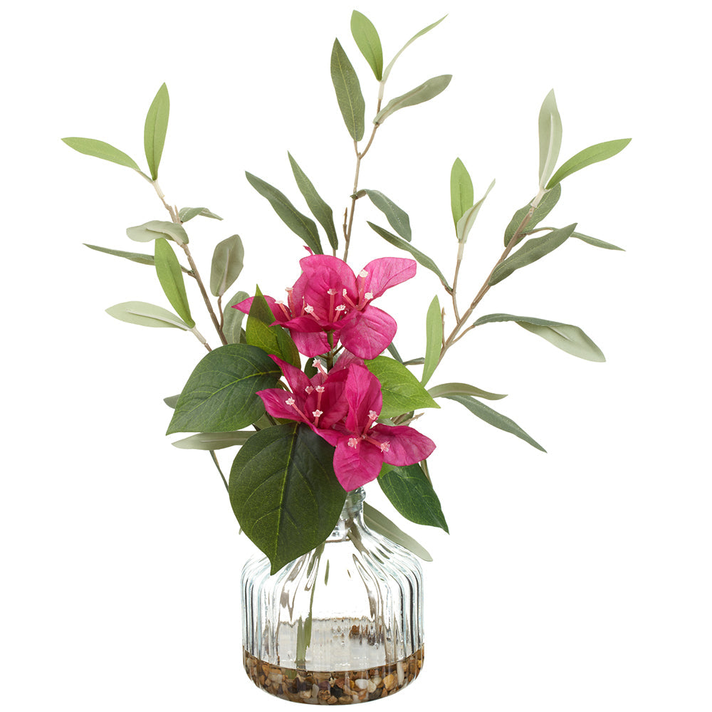 16 Bougainvillea & Olive Leaf Silk Flower Arrangement with Glass Vase - Realistic Fake Orchid Decor (Pack of 4) - Perfect for Home, Office, Wedding & Event Centerpieces