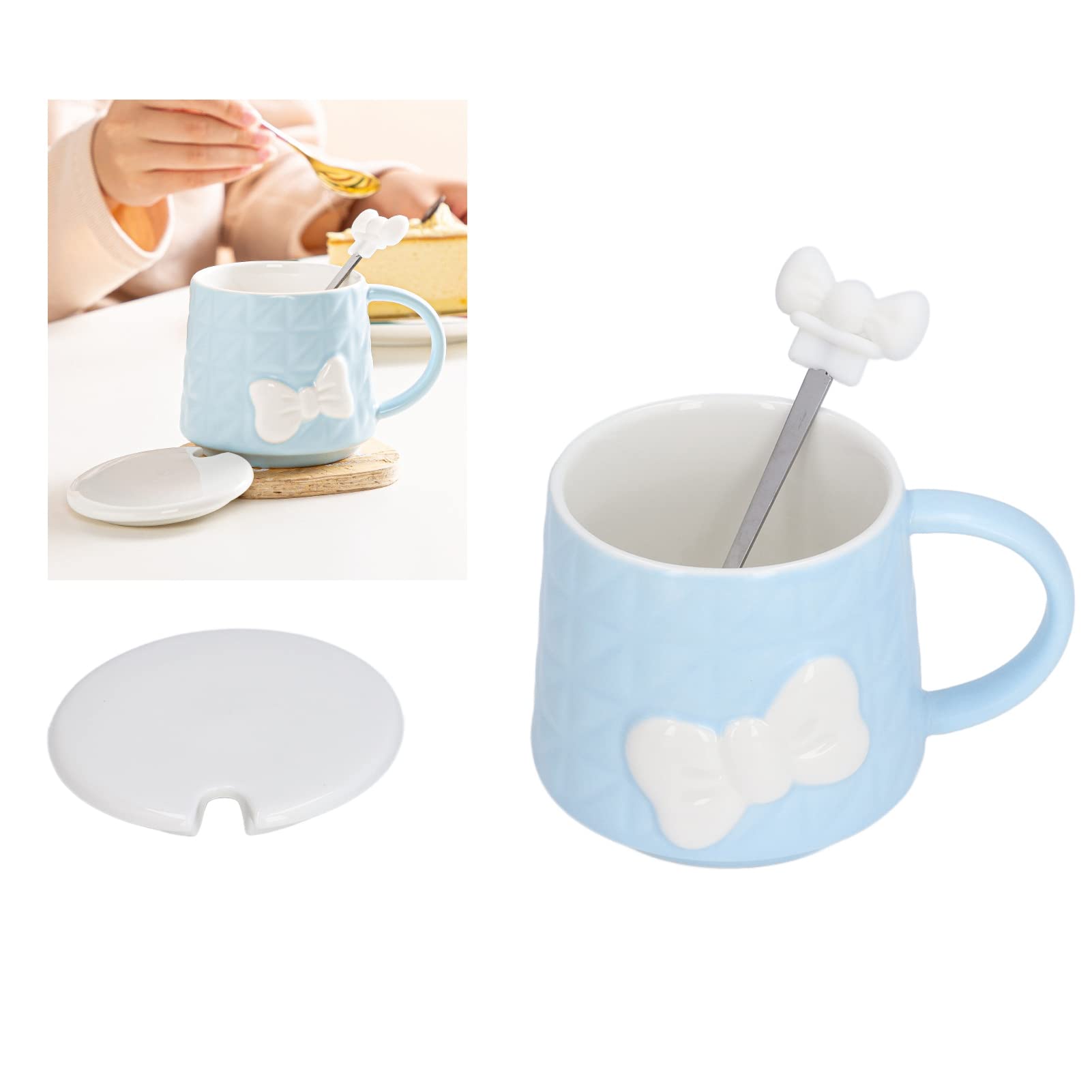 Ceramic Coffee Mug with Lid & Stainless Steel Spoon - 400ml Cute Bowknot Tea Cup for Coffee, Milk & Water - Home & Office Use (Blue)