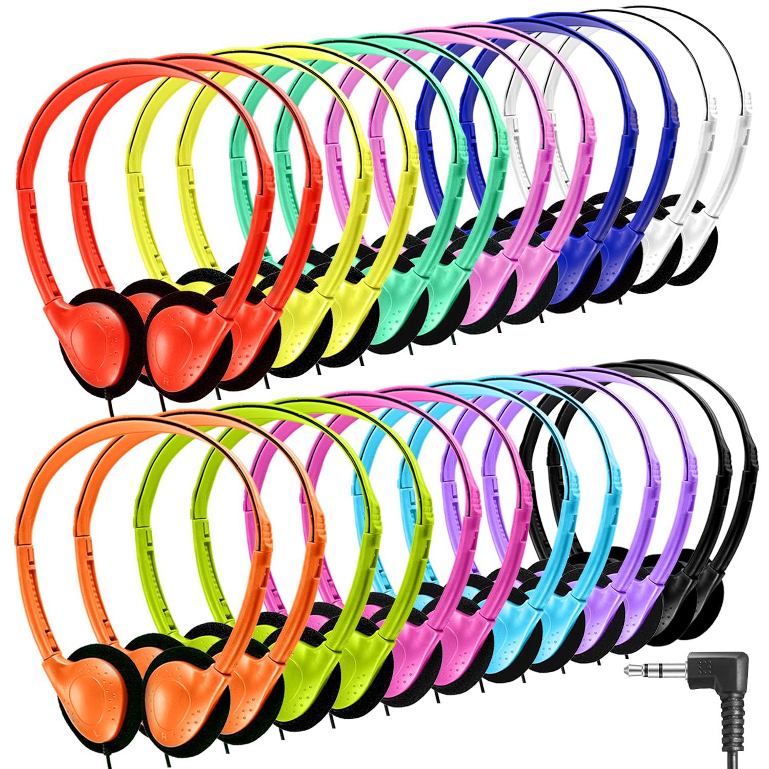 96 Pack Bulk Headphones for Kids, Students, Adults - Durable Classroom Headphones for School, Office, Travel - 12 Color Options - Perfect for Online Learning, Remote Work & Entertainment