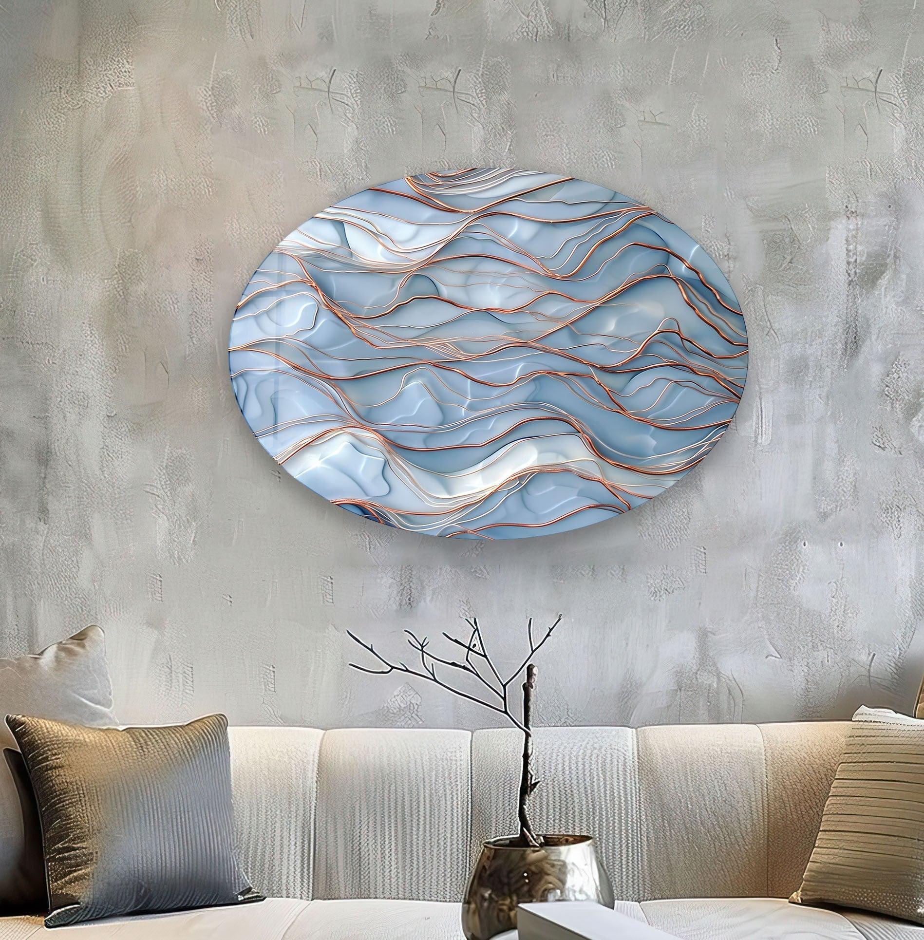 Asymmetric Oval Golden & Blue Glass Wall Art Decor - Modern Handmade Mosaic Glass Panel for Living Room, Bedroom, Office & Interior Design