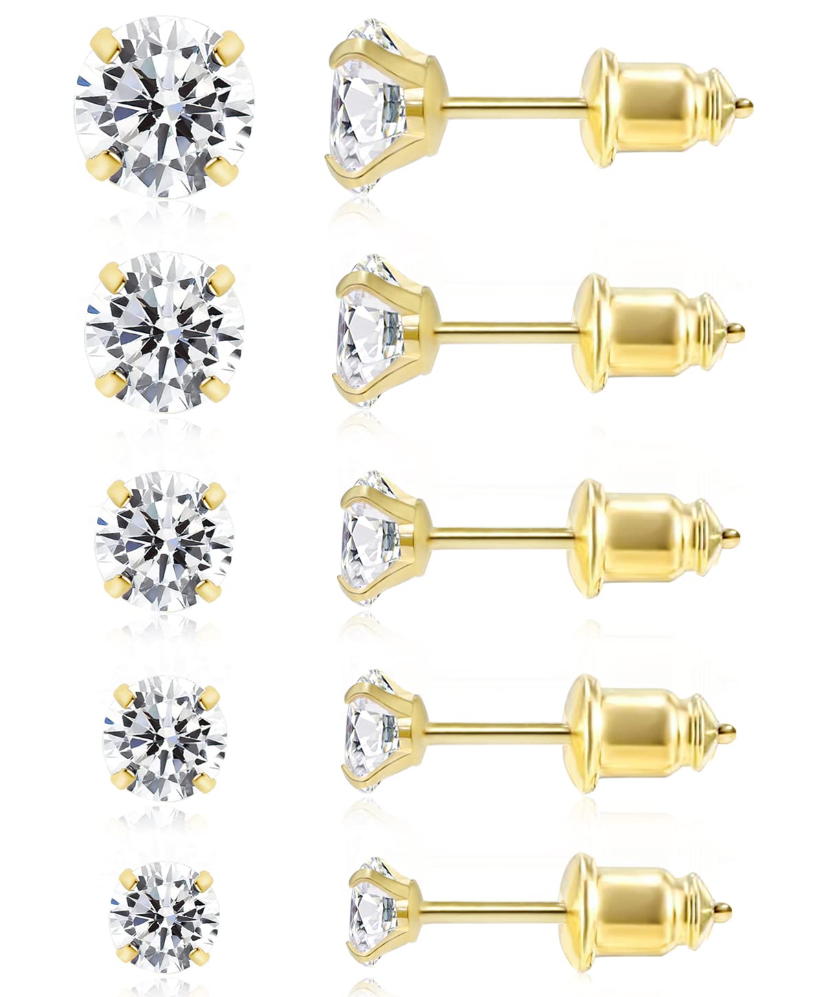 5 Pairs CZ Gold Stud Earrings for Women & Girls - Hypoallergenic Surgical Steel Cubic Zirconia Earrings (3-8mm) - Perfect for Everyday Wear, Gifts & Special Occasions