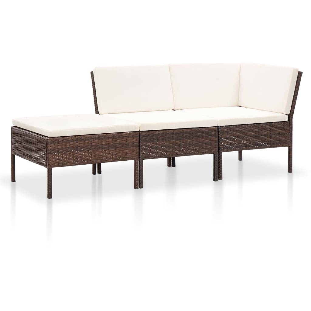 vidaXL 3-Piece Brown Poly Rattan Patio Lounge Set with Cream White Cushions - Outdoor Furniture for Garden, Poolside & Backyard Relaxation