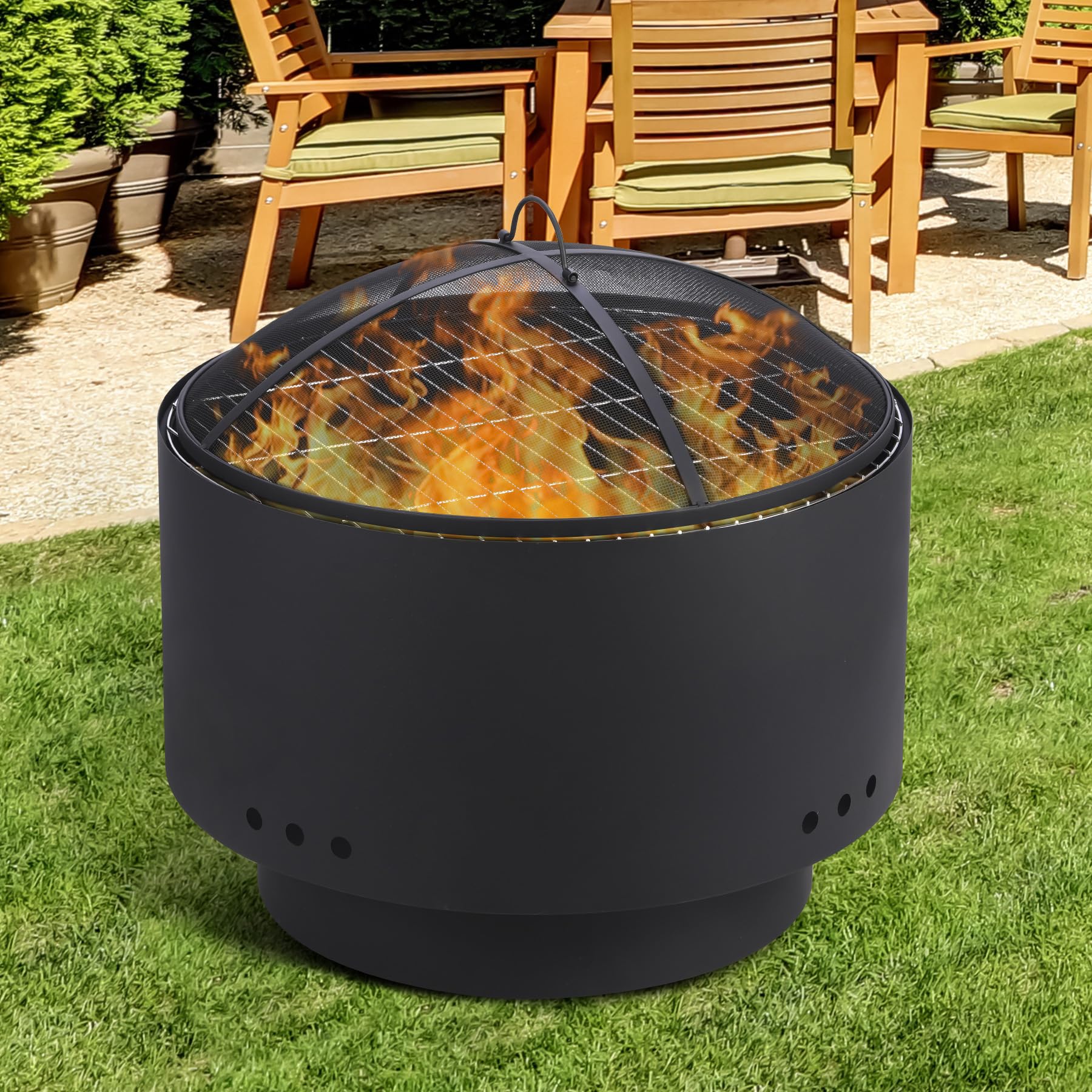 26 Inch Smokeless Outdoor Fire Pit with Grill & Cover - Portable Wood Burning Fireplace for BBQ, Camping, Backyard - Includes Carrying Bag & Poker - Perfect for Patio, Picnic, and Bonfire Nights