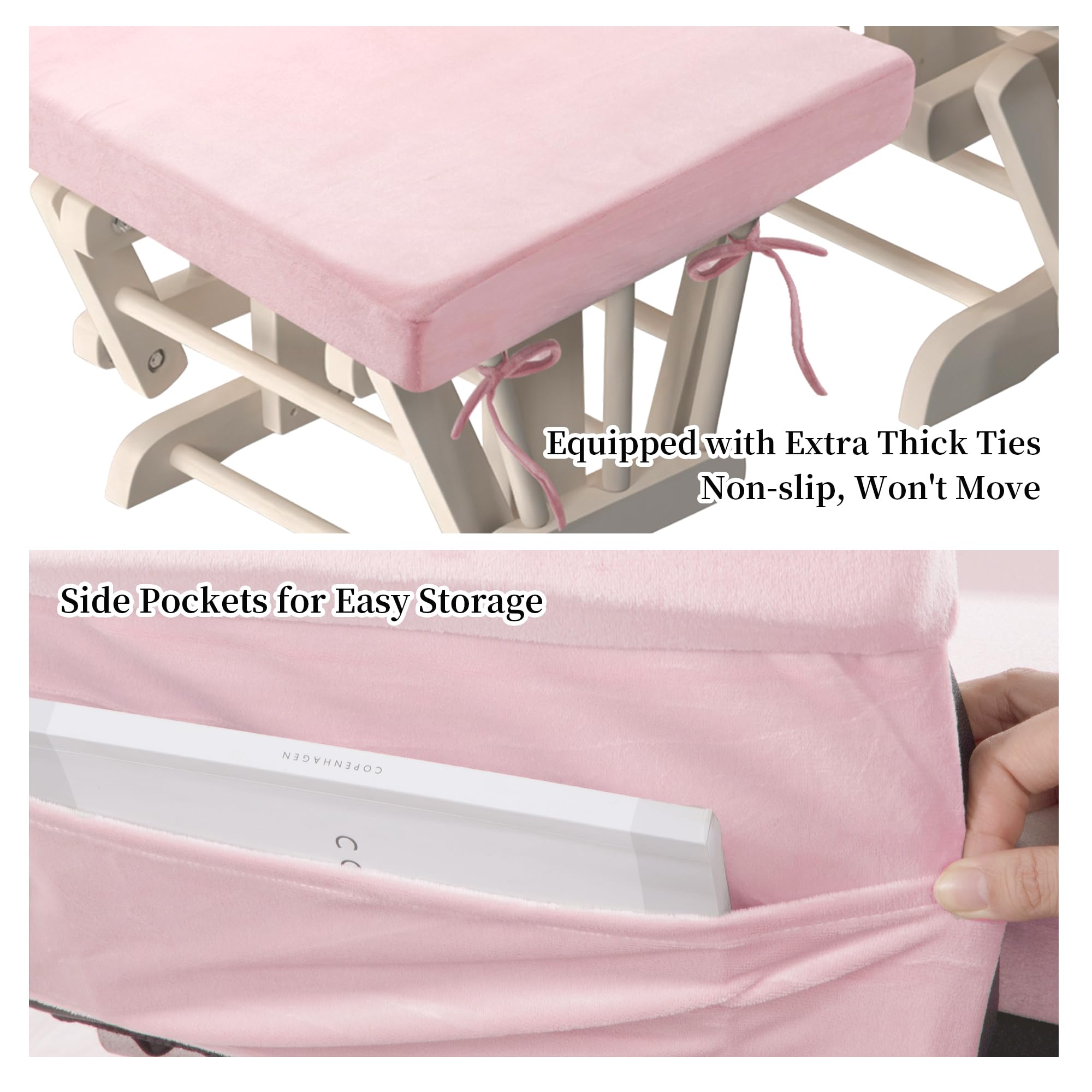 HOMBYS 8-Piece Glider Rocker Replacement Cushions Set with Storage Side Pocket - Velvet Fabric, Foam & Microfiber Filling, Non-Slip & Washable, Thickened Support for Rocking Chairs (Pink) - Perfect for Nursery, Living Room & Relaxation