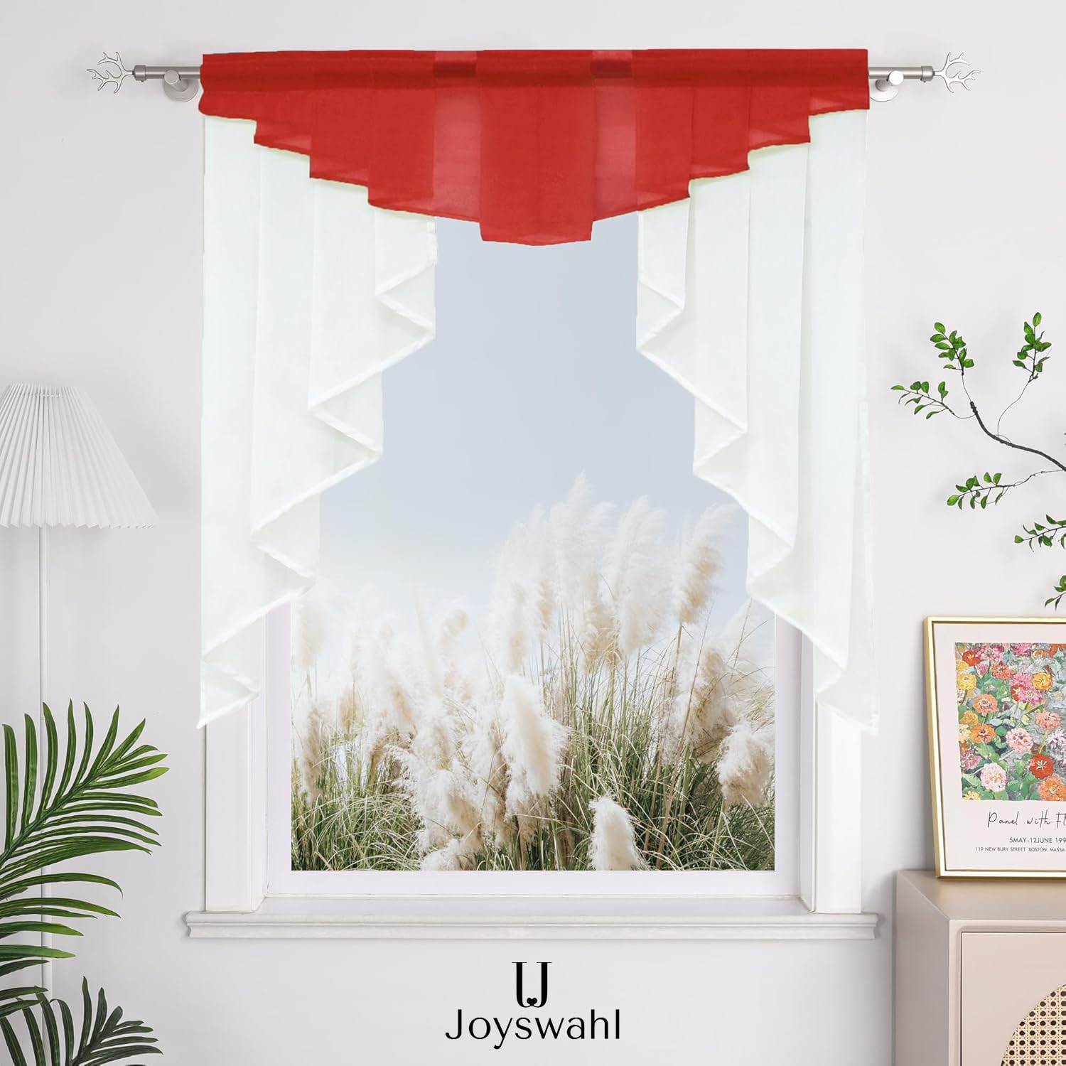 Red Window Valance Rod Pocket Sheer Voile Swag Curtain with Pleated Roman Shades - 1pc Kitchen Curtain 47