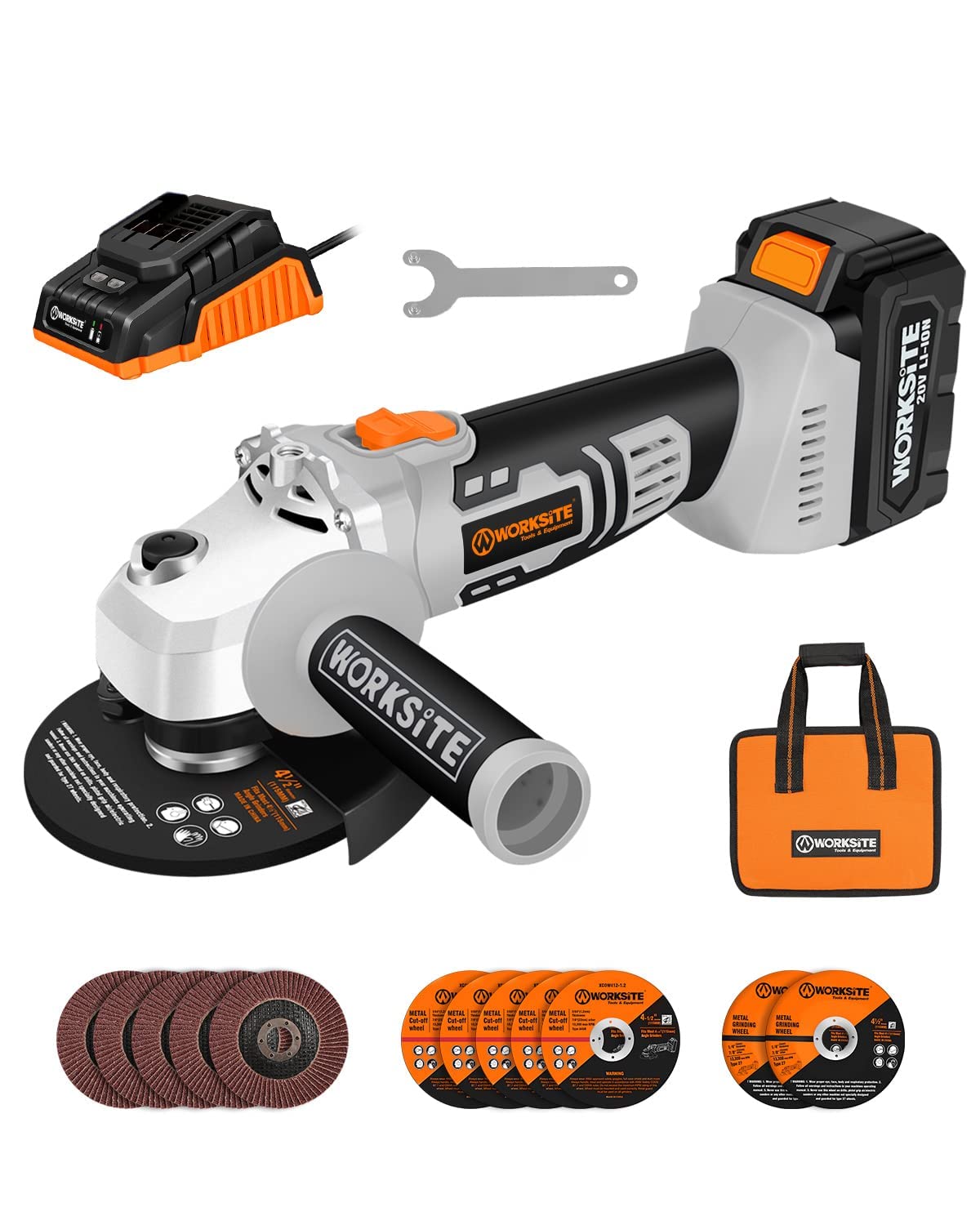 WORKSITE 4-1/2 Inch Cordless Angle Grinder with 4-Pole Motor - Includes 4.0Ah Battery, Charger, Cutting Wheels & Accessories - Perfect for Metal Cutting, Grinding & DIY Projects