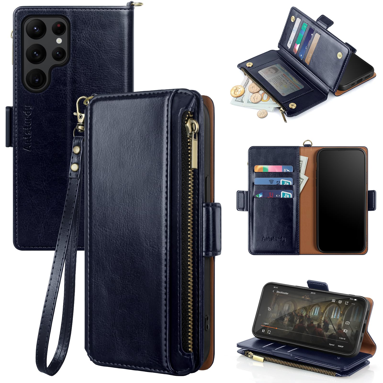 Samsung Galaxy S22 Ultra Wallet Case with RFID Blocking - PU Leather Flip Cover with Card Holder & Strap | Shockproof Protection for Galaxy S22 Ultra 5G | Dark Blue | Perfect for Business Travel & Daily Commute