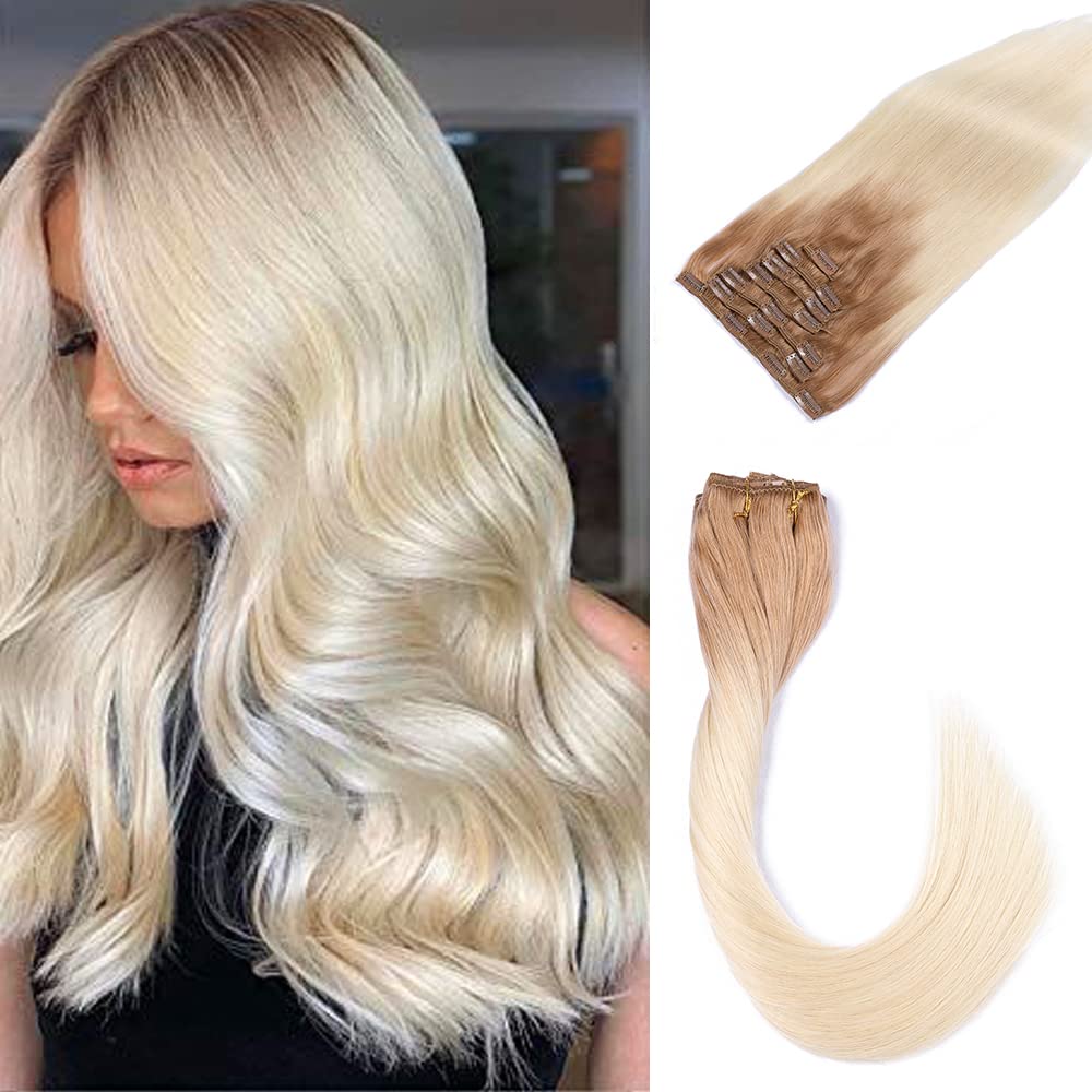 Golden Brown & Blonde Highlighted 100% Remy Human Hair Clip-in Extensions - 16 Inch Double Weft 120g 7pc Set (Color #12/60) | Silky Straight 9A Quality for Volume & Length | Perfect for Parties, Weddings & Daily Styling