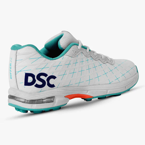 DSC Biffer 22 Cricket Shoes for Adults - White, Teal & Orange Colors - Perfect for Professional Matches & Training Sessions