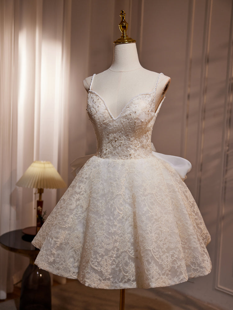 Elegant A-Line V-Neck Lace Champagne Short Prom Dress for Homecoming, Party, and Special Occasions - Perfect for Dances, Weddings, and Formal Events